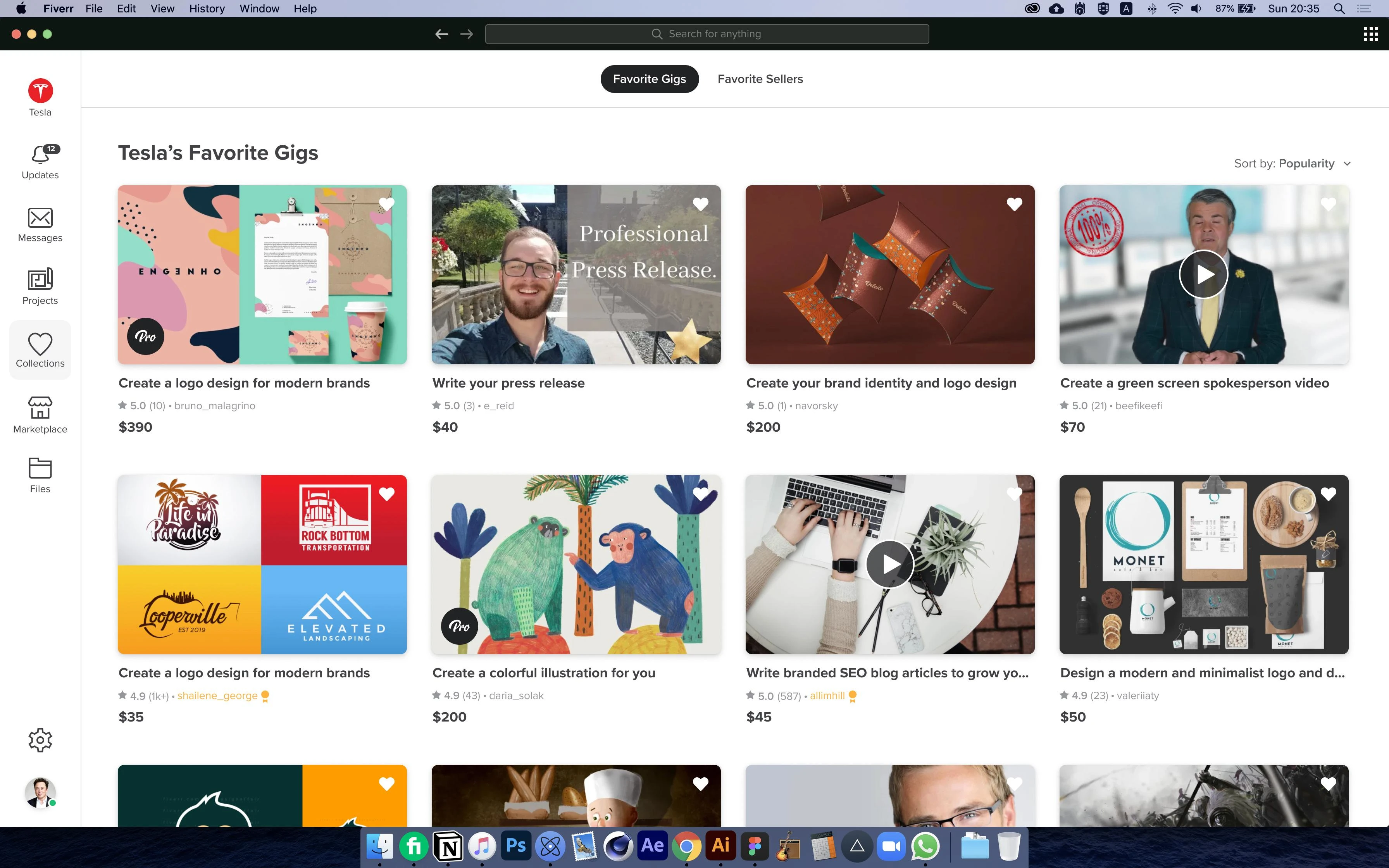 Services screen (aka Gigs)