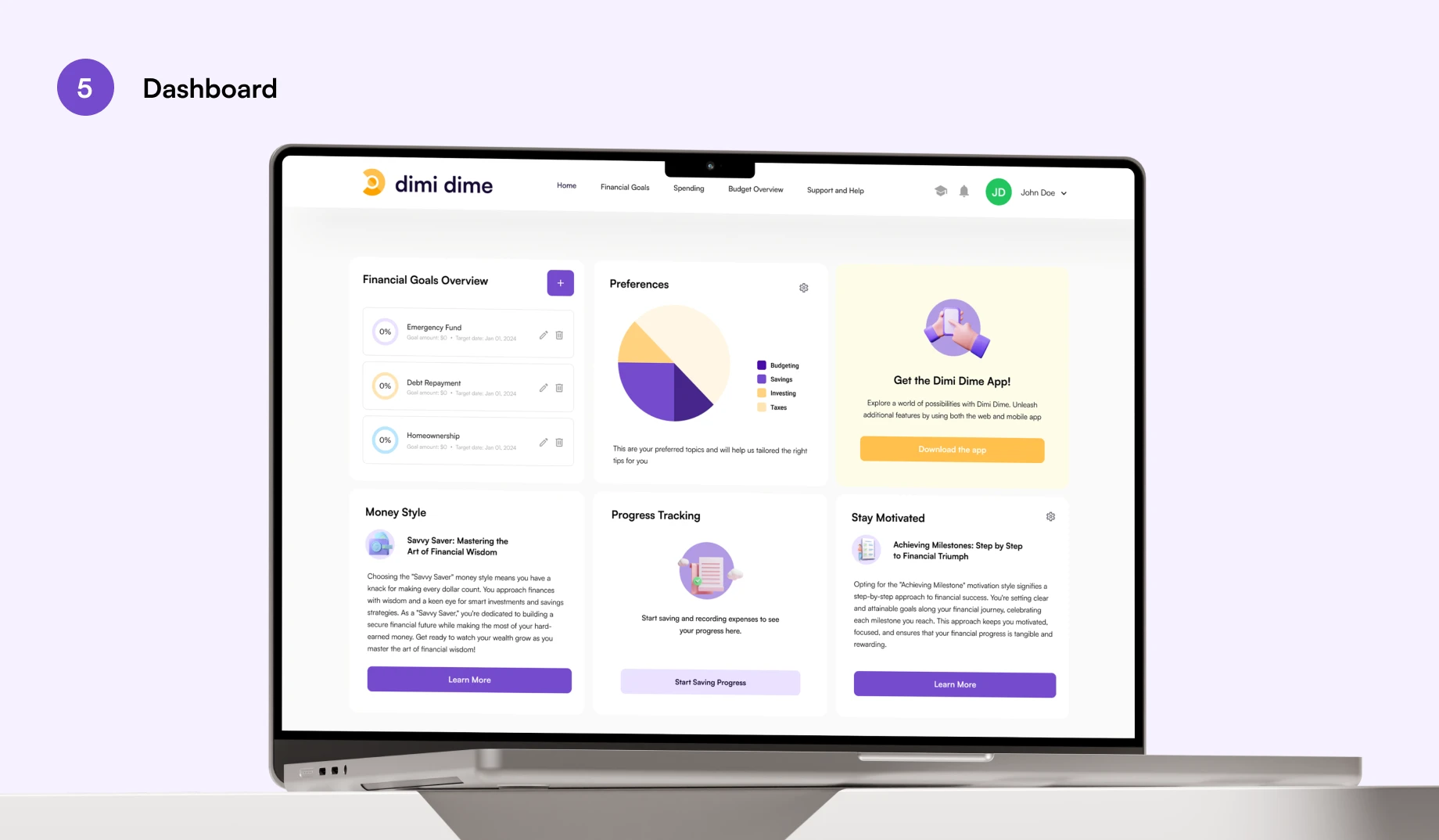 Dashboard with real-time budget trends, savings insights, and educational tips
