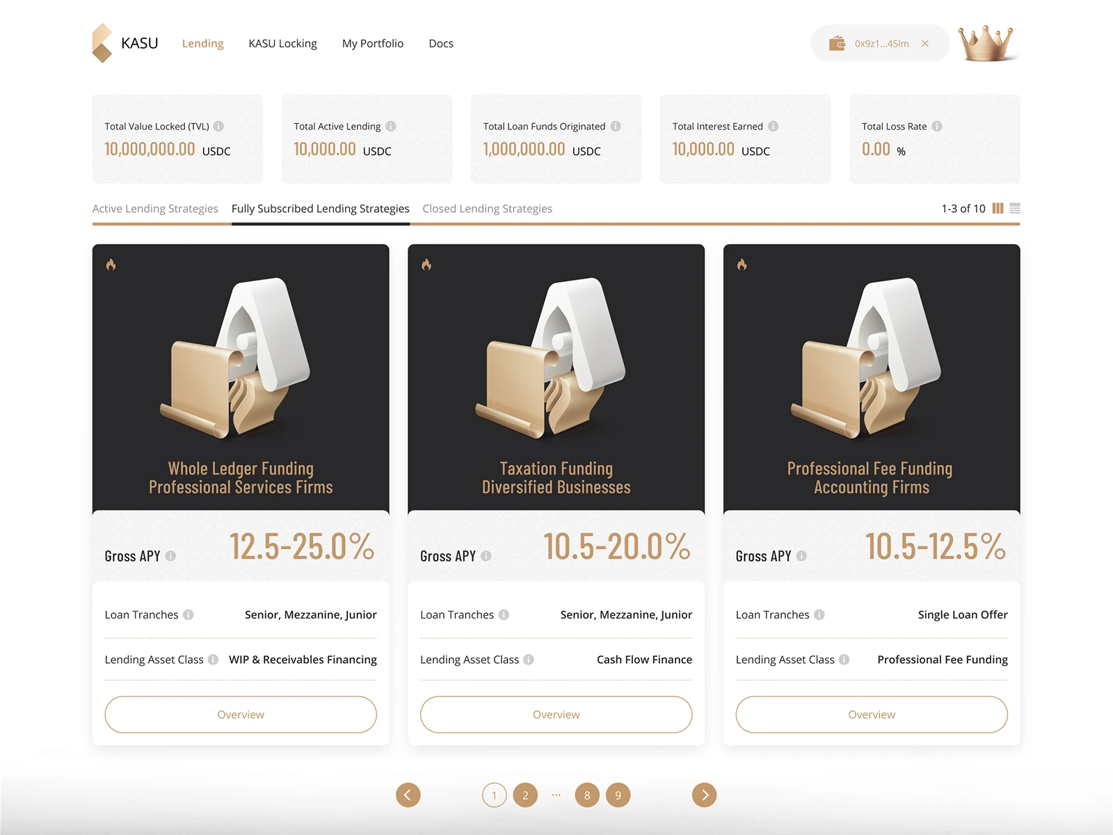 Main dashboard of the Kasu web app — modular, accessible interface for tracking lending strategies, APY, and portfolio performance.