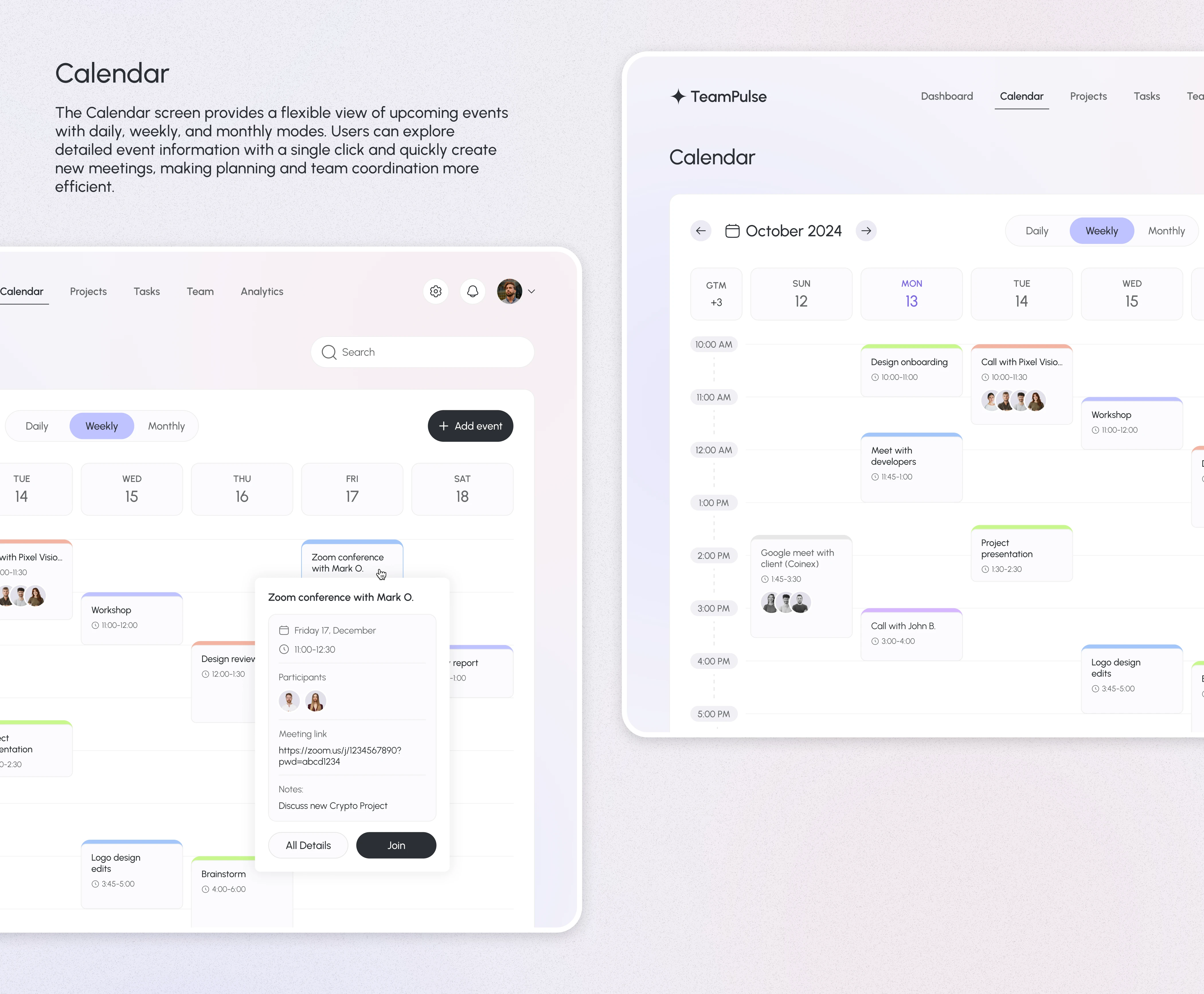 The calendar screen presents an intuitive layout for scheduling and tracking team tasks, enhancing time management and project planning.
