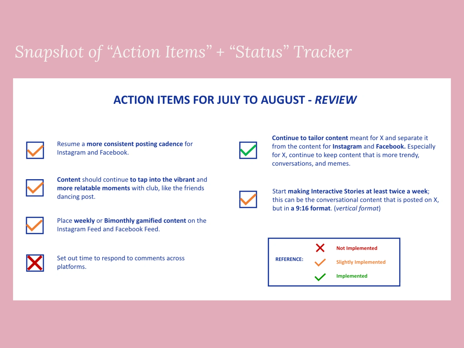 SImple recommendation tracker implemented to hold brand and creative team accountable to improve social performance.