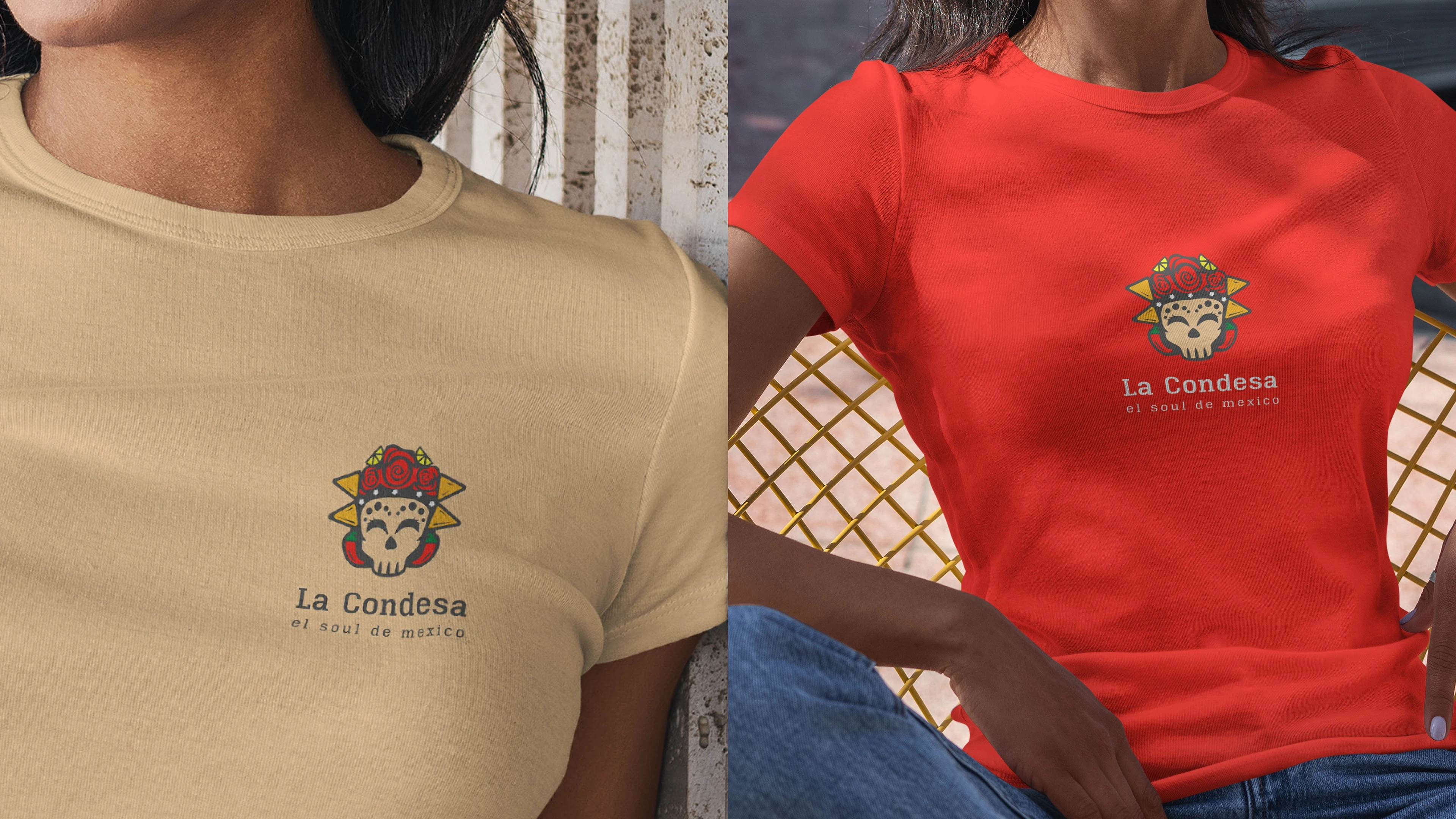 The logo and colours unify menus, merchandise, and promotional pieces.