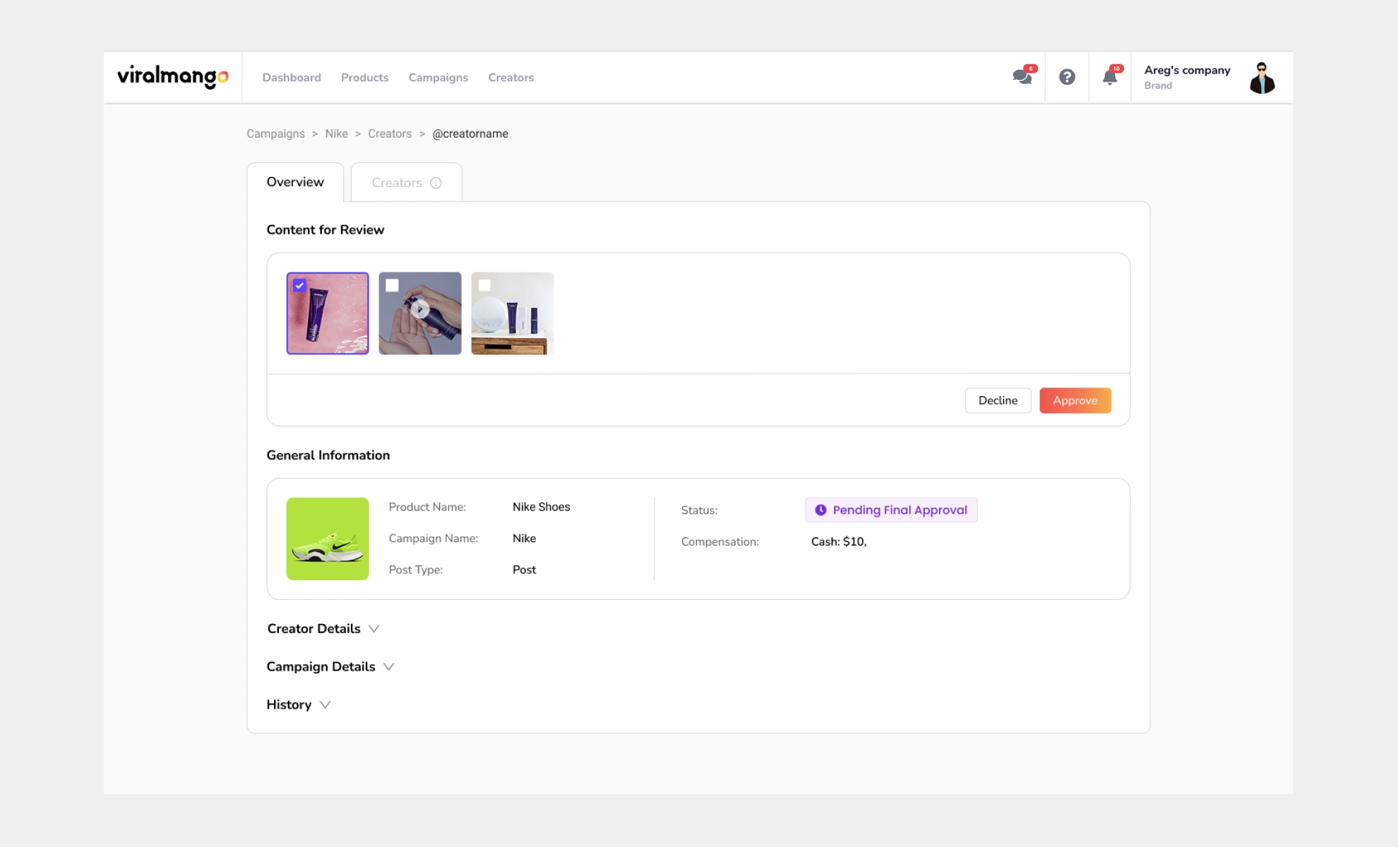 Old version of brand campaign creation, and management flow