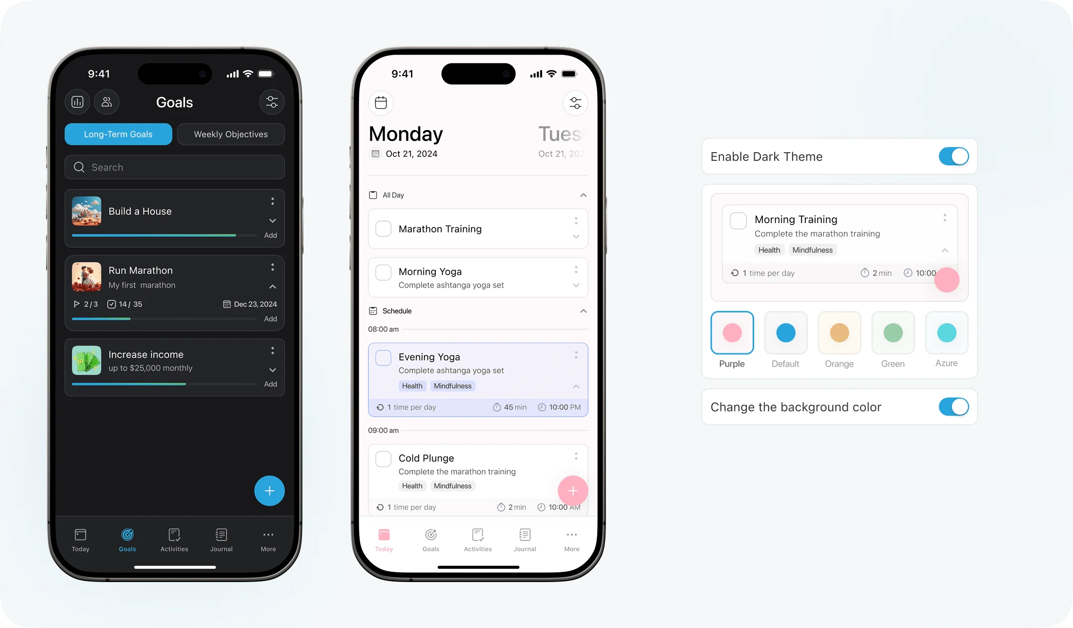Themes Customization: Dark Theme and Color Theme options.
