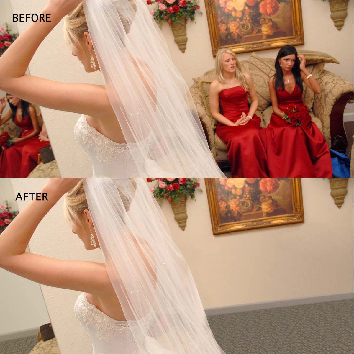 Bride requested that the bride's maids be removed from the room and from the mirror's reflection.