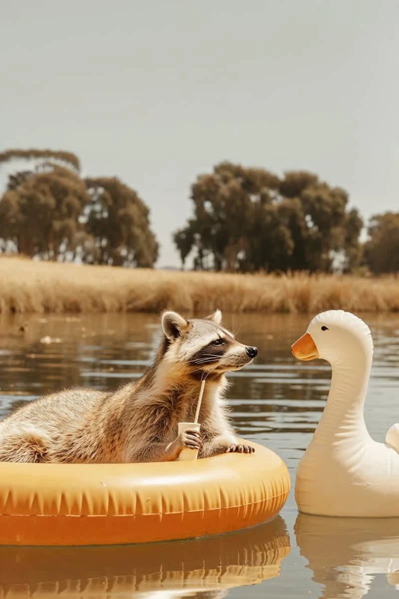 raccoon sipping a drink on donut ring with inflatable swan