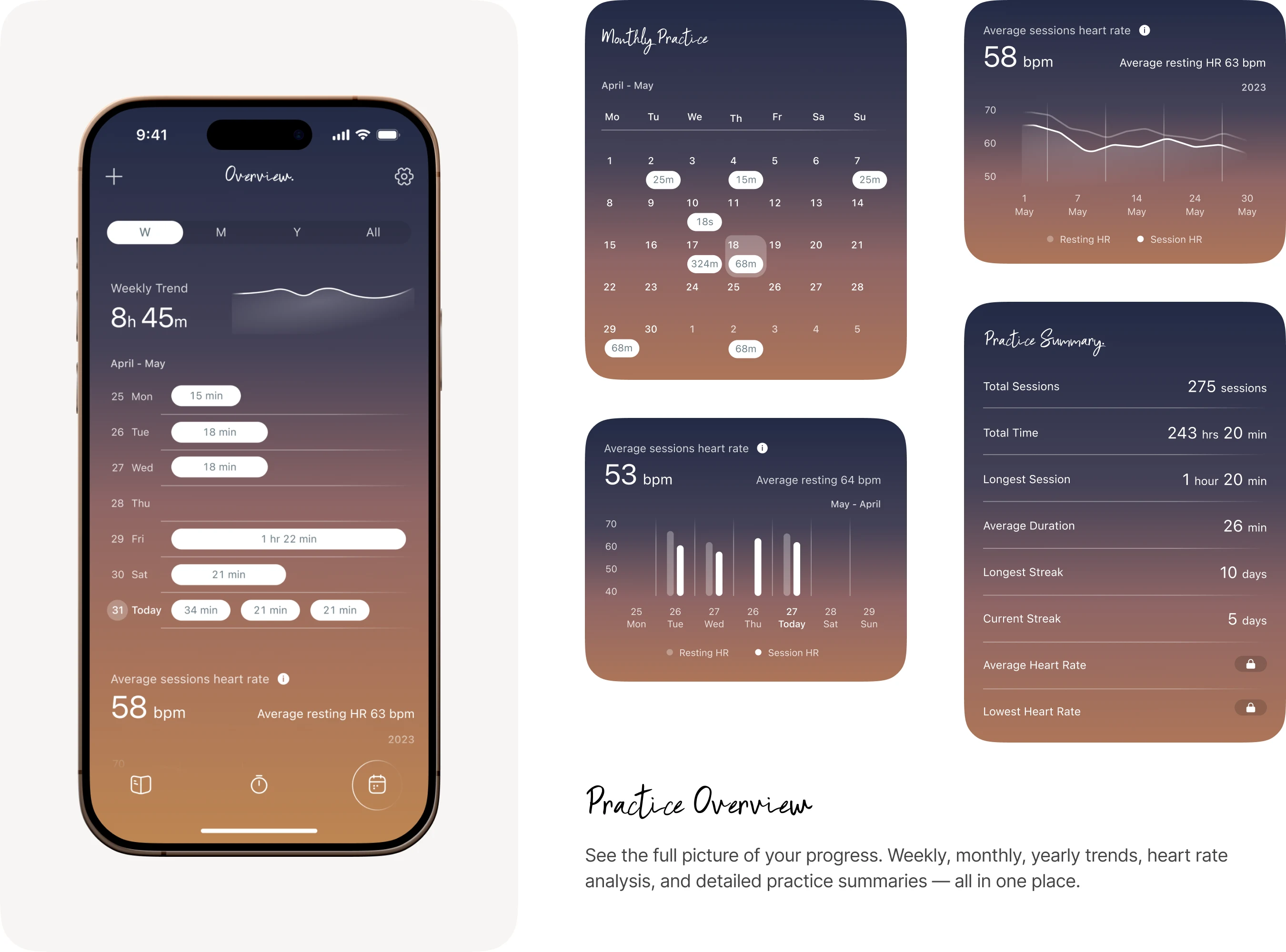 Progress stats, heart rate & session history.