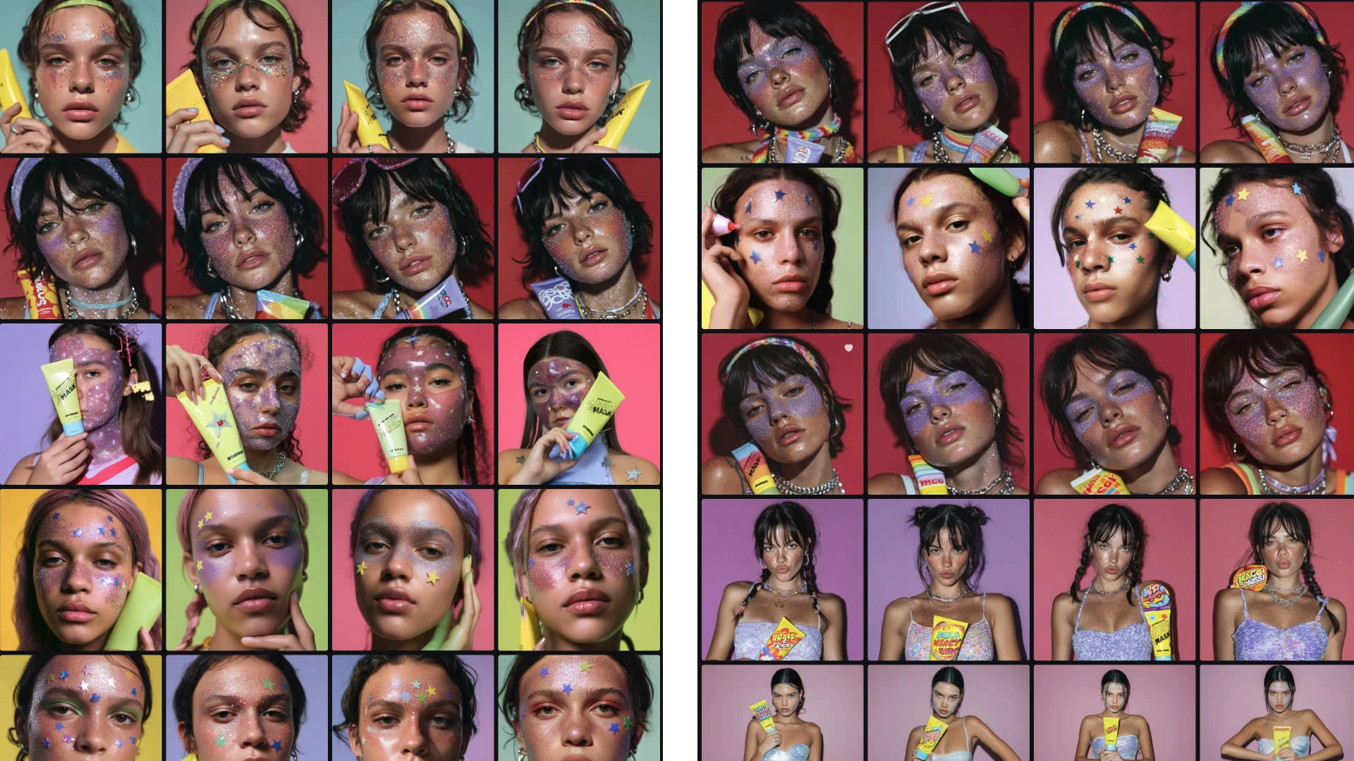AI gave me a broad visual library to work with — bold colors, diverse models, and playful glitter effects. However, not all outputs were usable as-is. Many needed designer intervention: fixing text, curating the strongest poses, and establishing consistency across backgrounds and product shots.