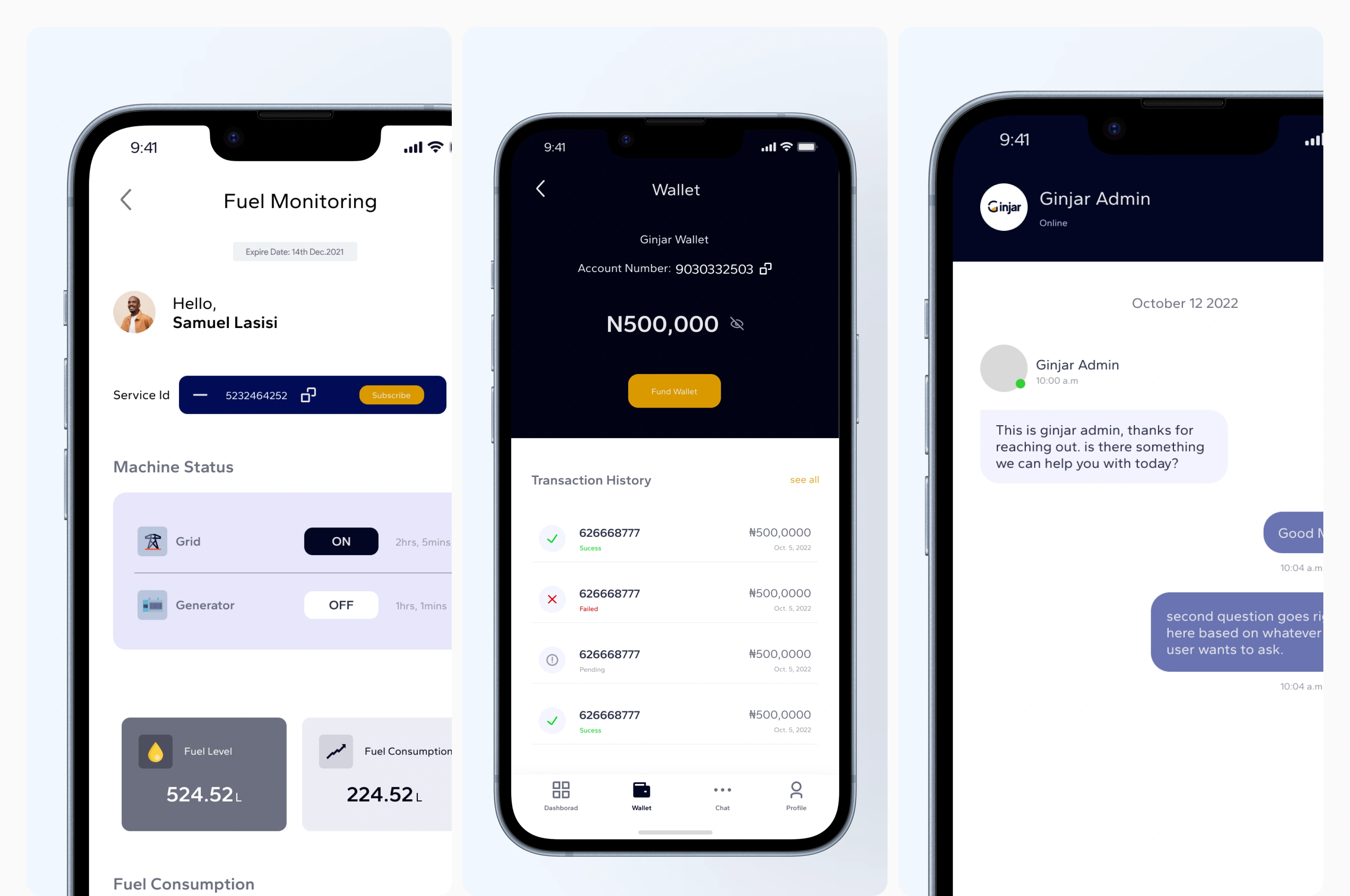 Fuel Consumption Dashboard, Wallet Page, Chat.