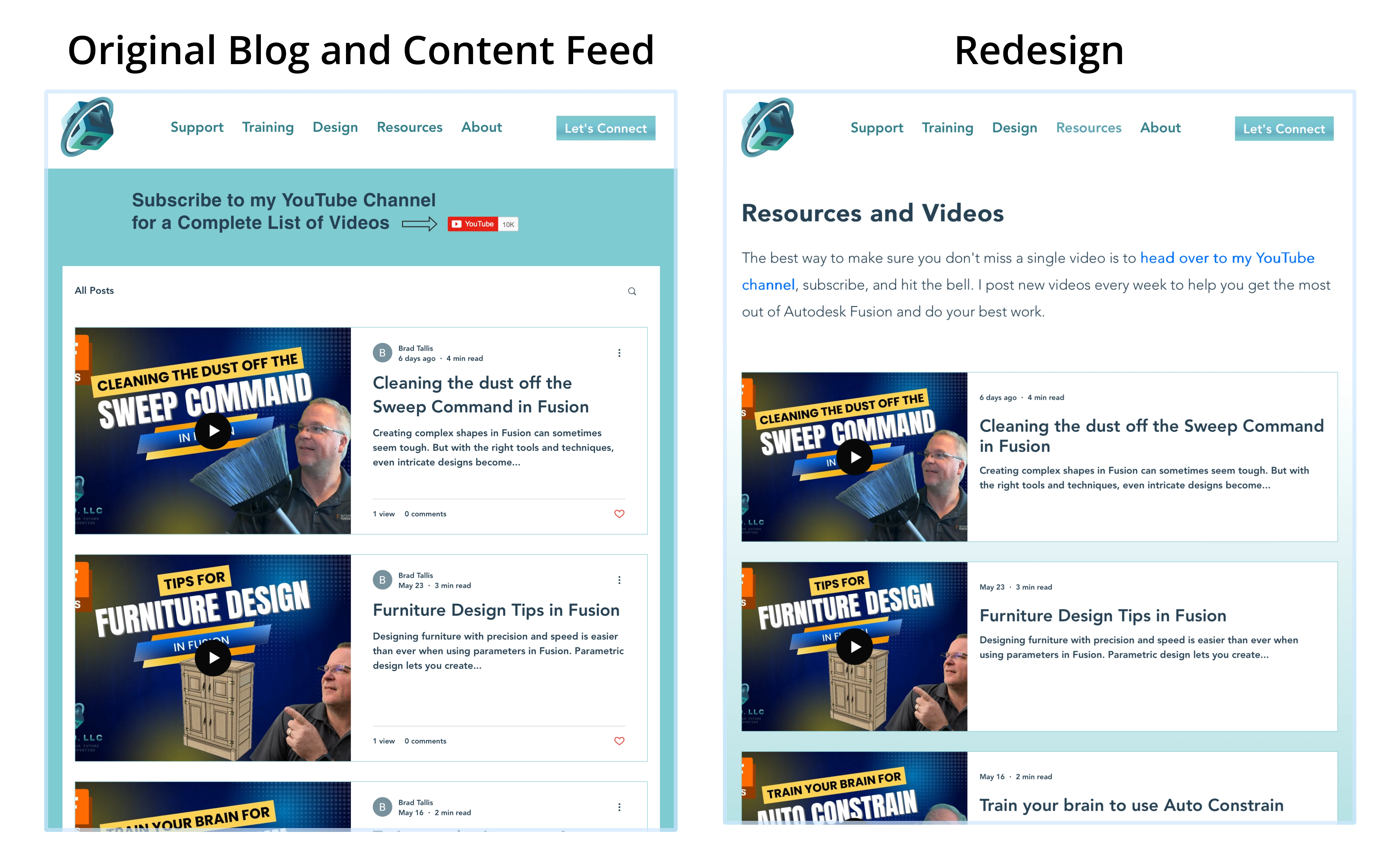 Side by Side Original and Redesign of the Blog, Content, and Resources Feed
