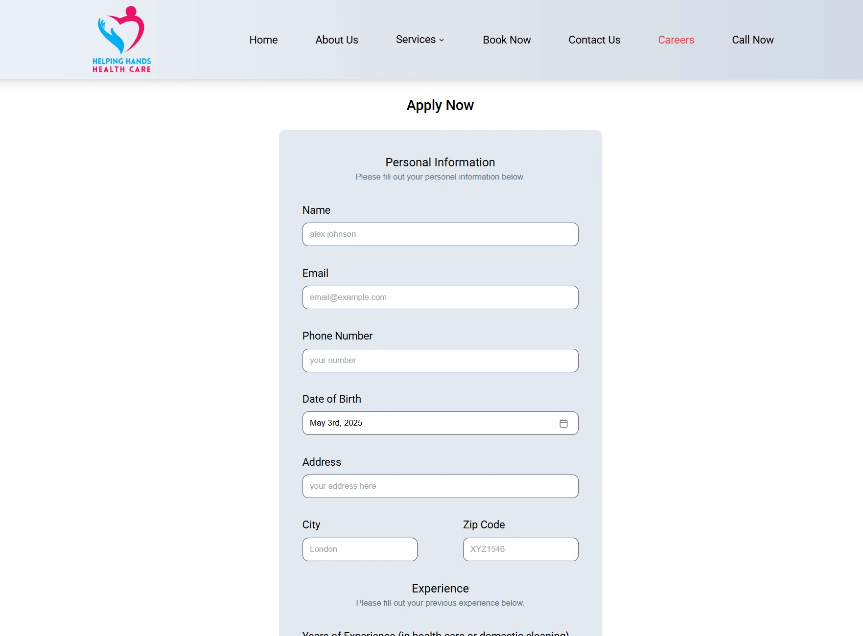 Job Application form - Copyright © 2025 - Helping Hands Health Care Ltd