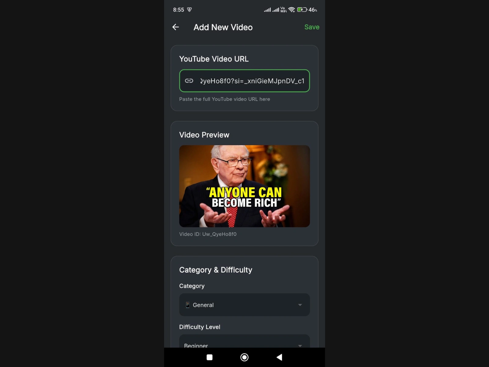Add URL for the video, backend will extract all info of YouTube Video