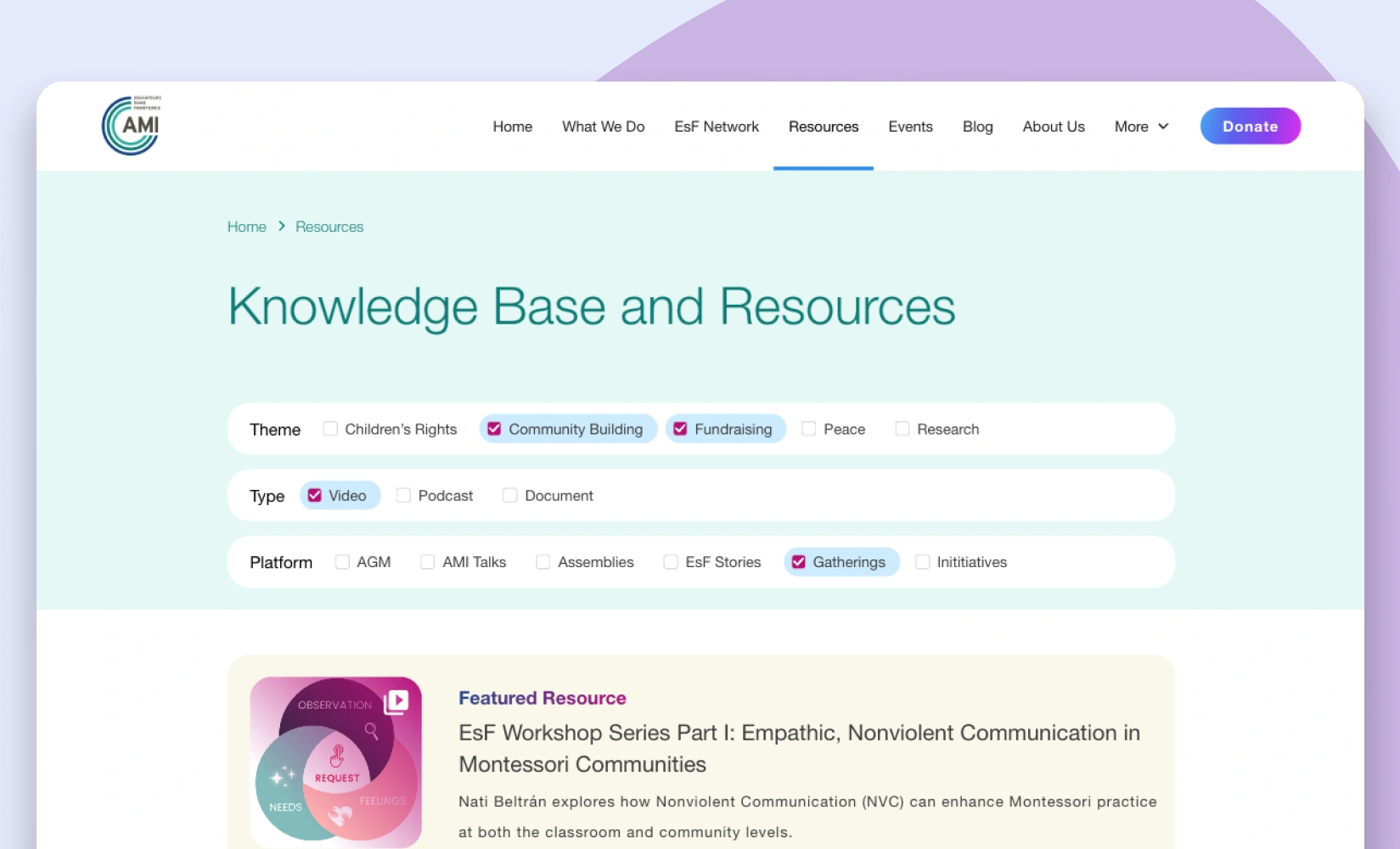 Resources & Knowledge section includes a powerful filtering system powered by Finsweet Attributes, helping users quickly find relevant content