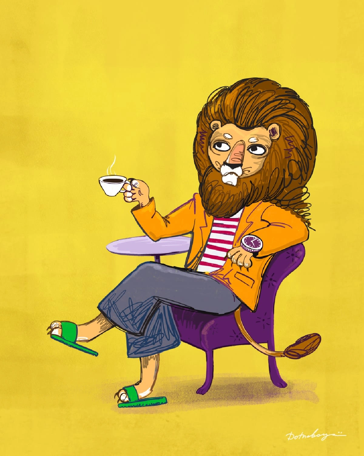 Leon the lion reimagined in bold strokes and trendy texturesdrinking coffee with style.