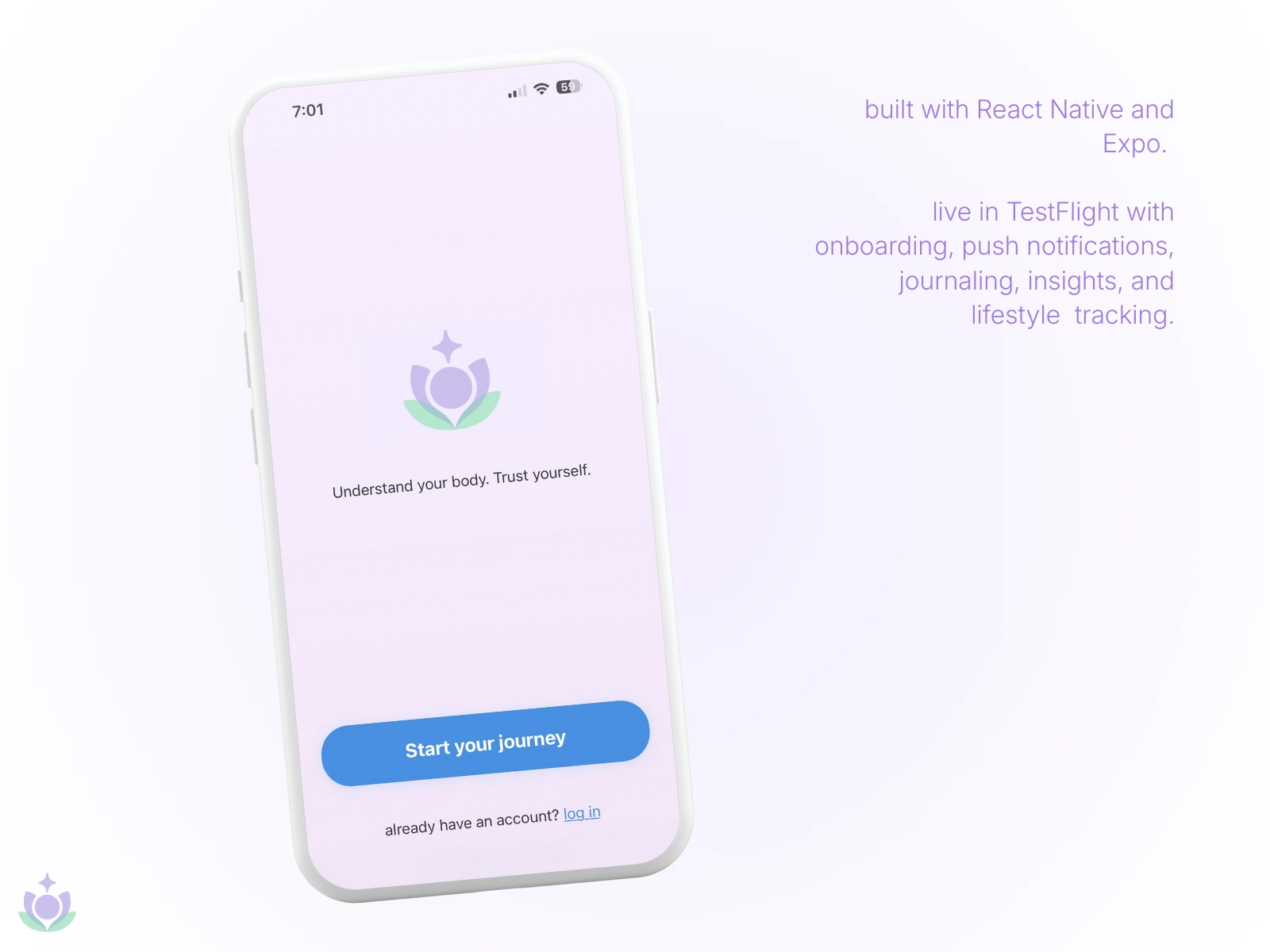 The Atma welcome screen. Built with React Native and Expo. Live in TestFlight with onboarding, push notifications, journaling, insights, and lifestyle tracking.