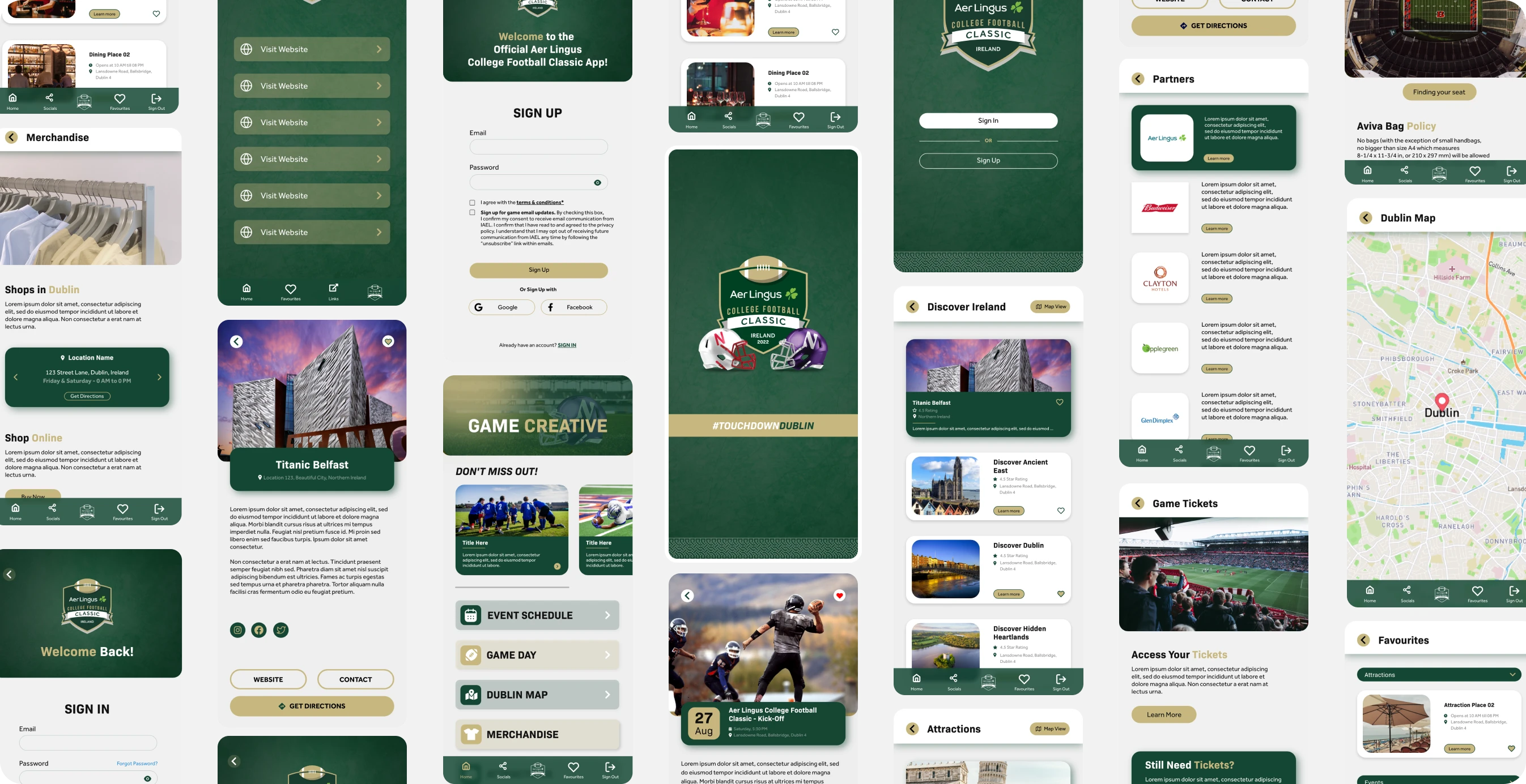 Final UI featuring home, schedule, teams, and ticket screens, optimized for mobile clarity and travel-based use.