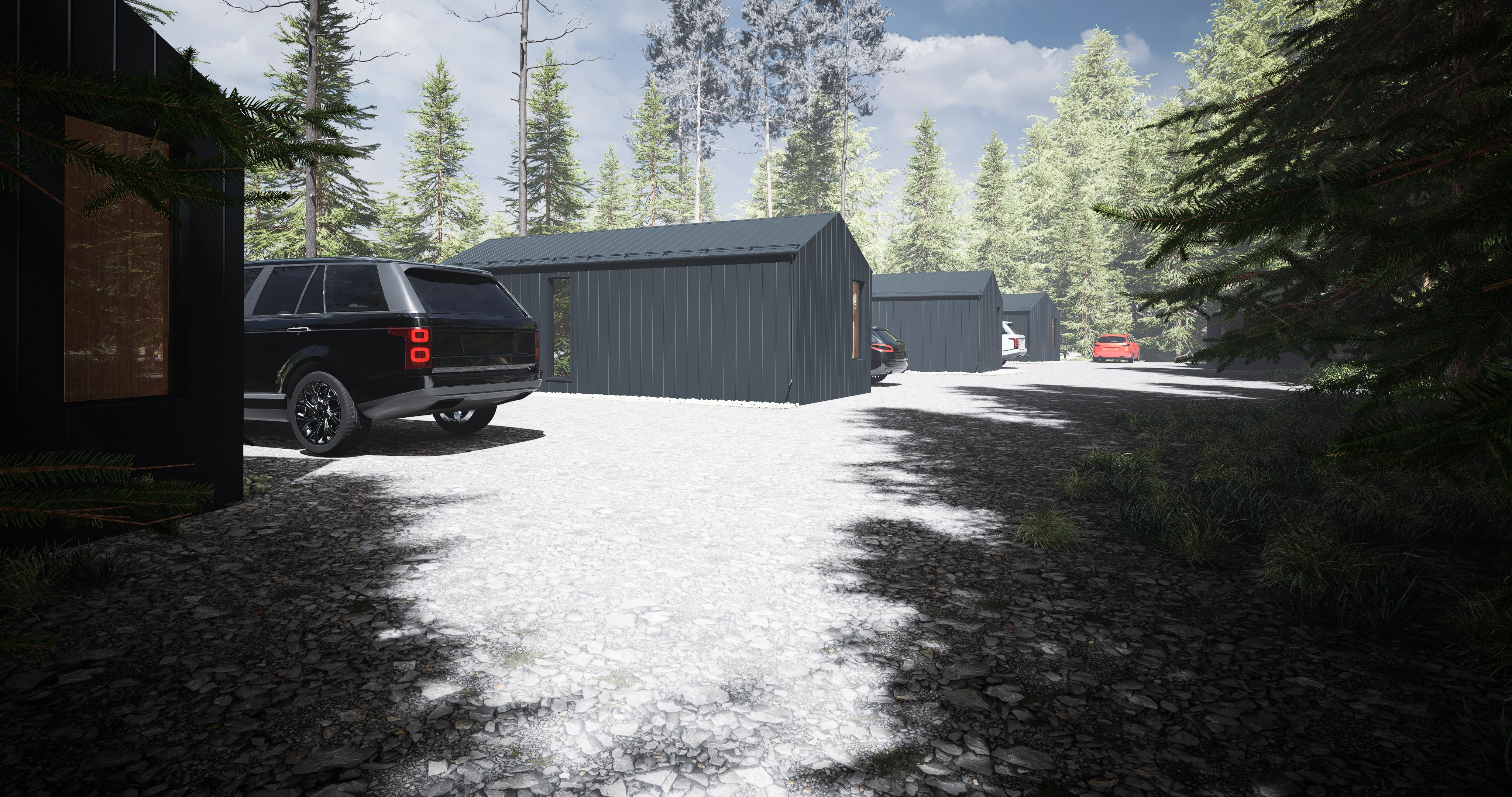 Rear space with vehicle parking