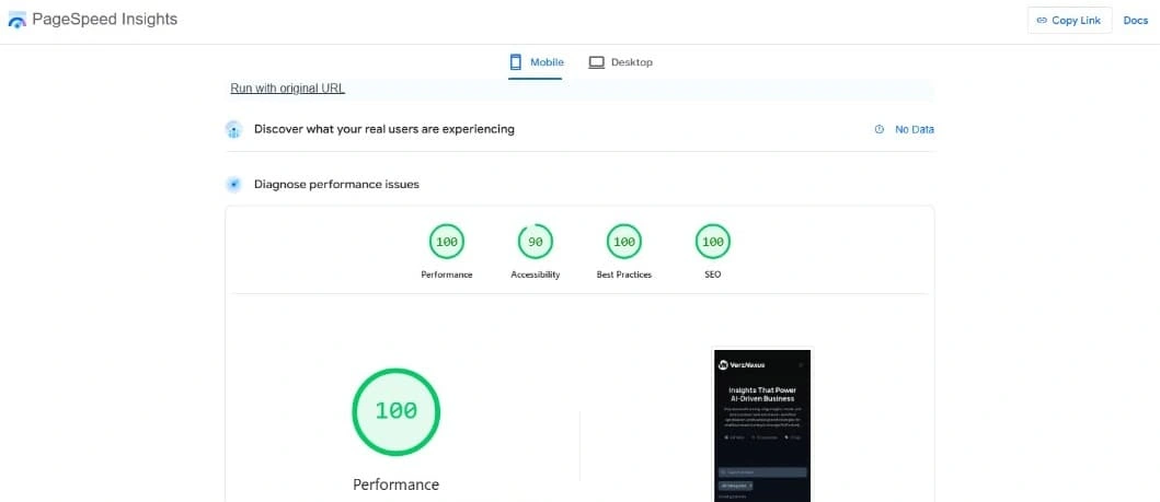 Overview of seo test Score on Mobile