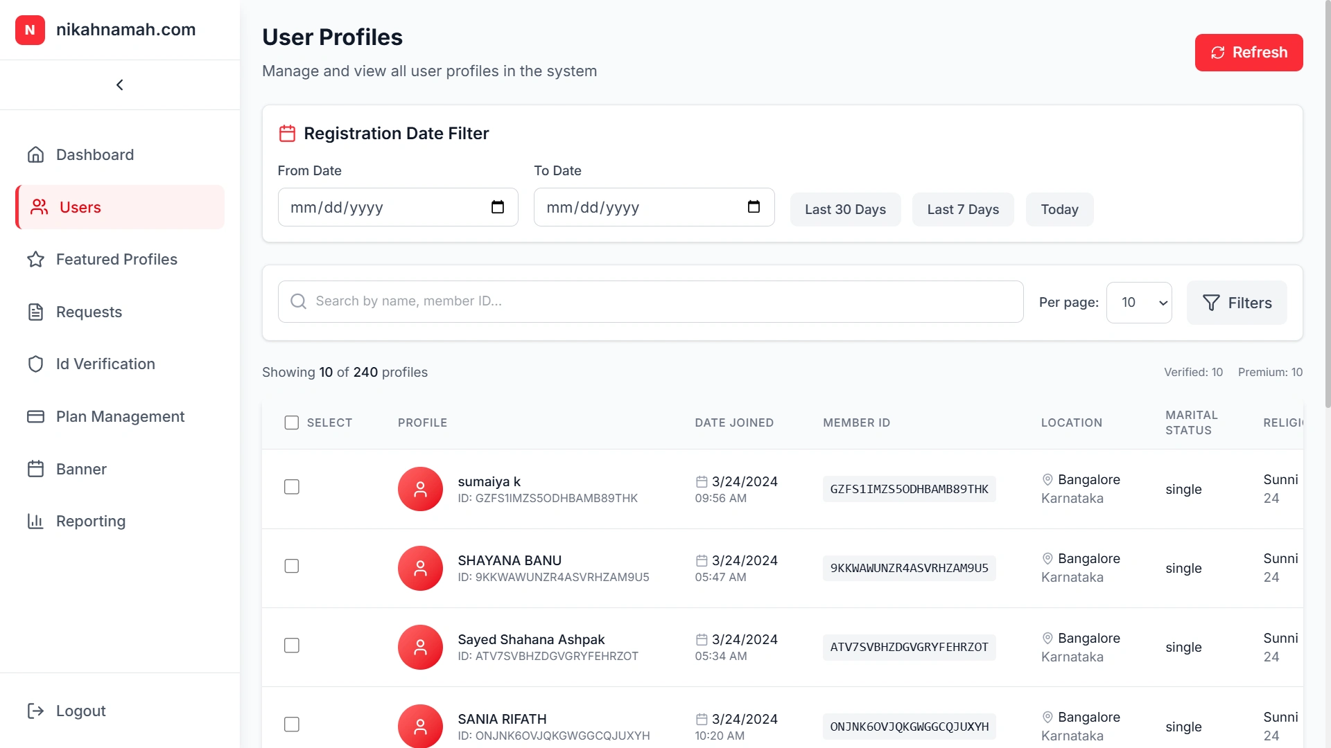 User profiles: “Filter and search all registered members by registration date or ID, and see key details like location, marital status and religion at a glance.”