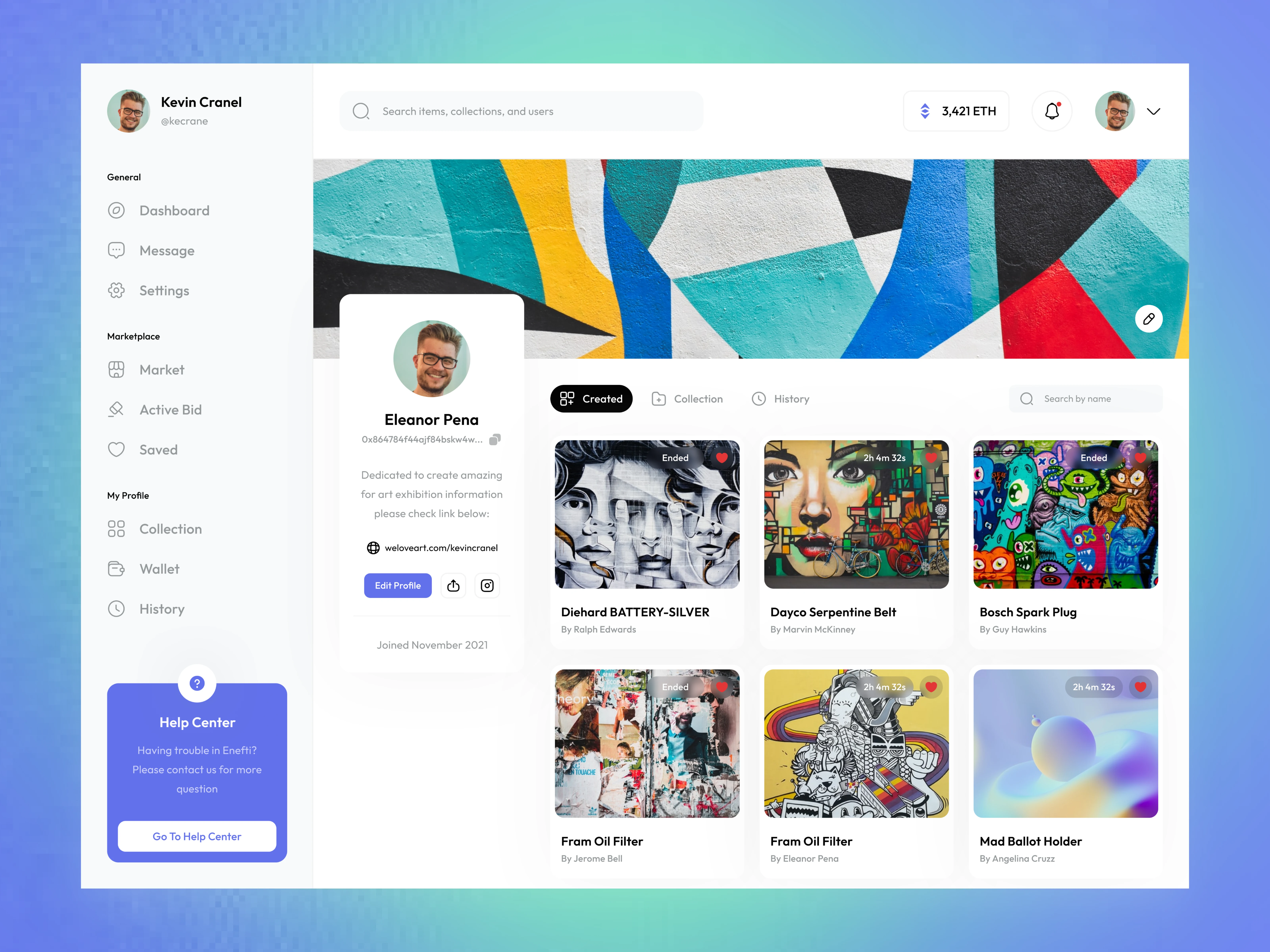 Personal NFT dashboard with activity history