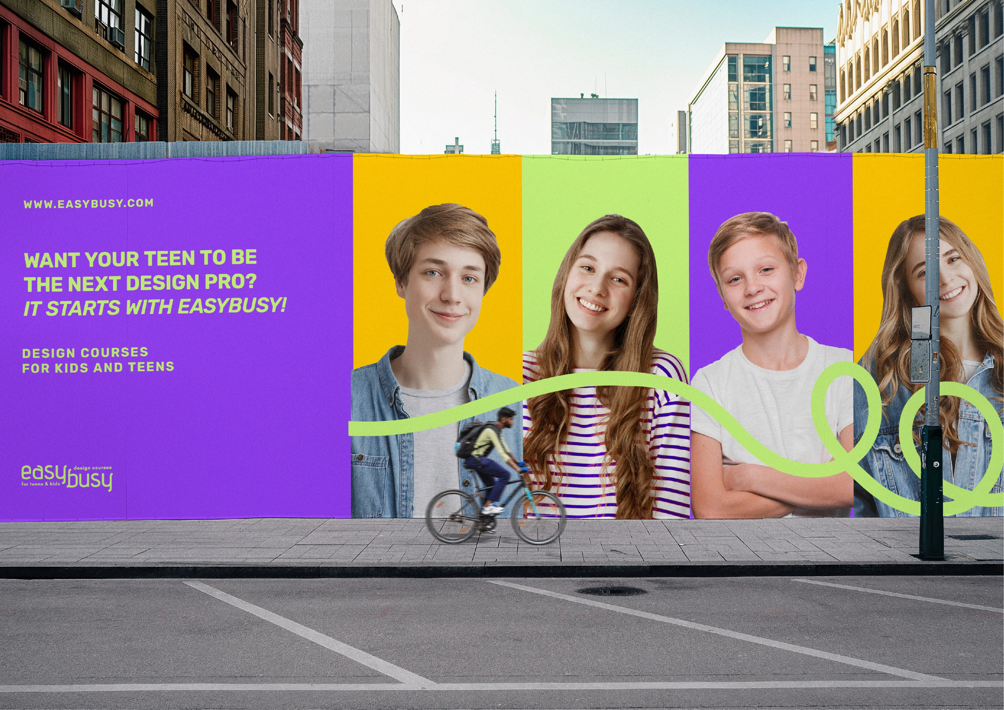 Large-format EasyBusy street banner design for outdoor advertising, featuring bold typography and bright visuals.