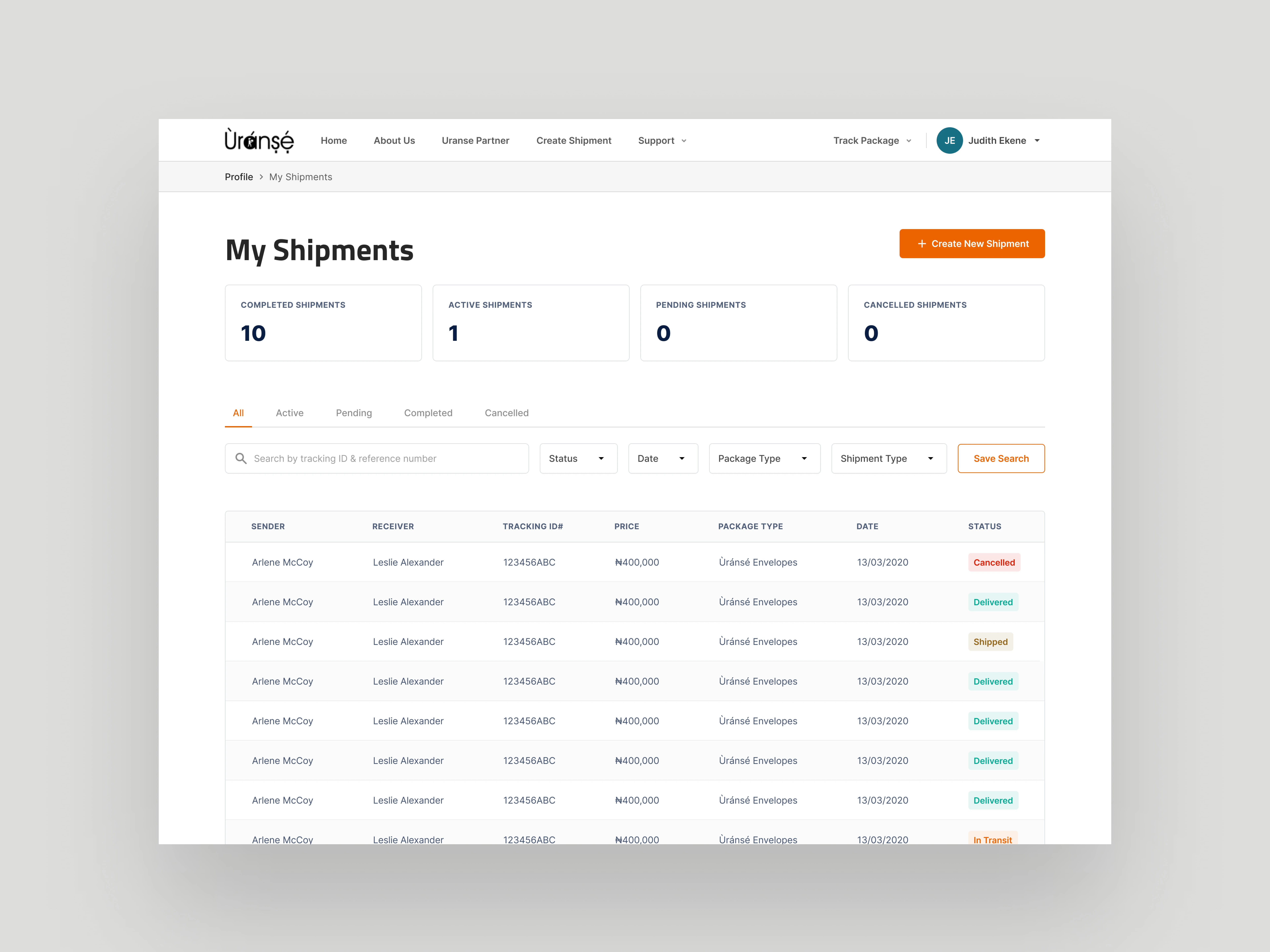 My Shipment Dashboard