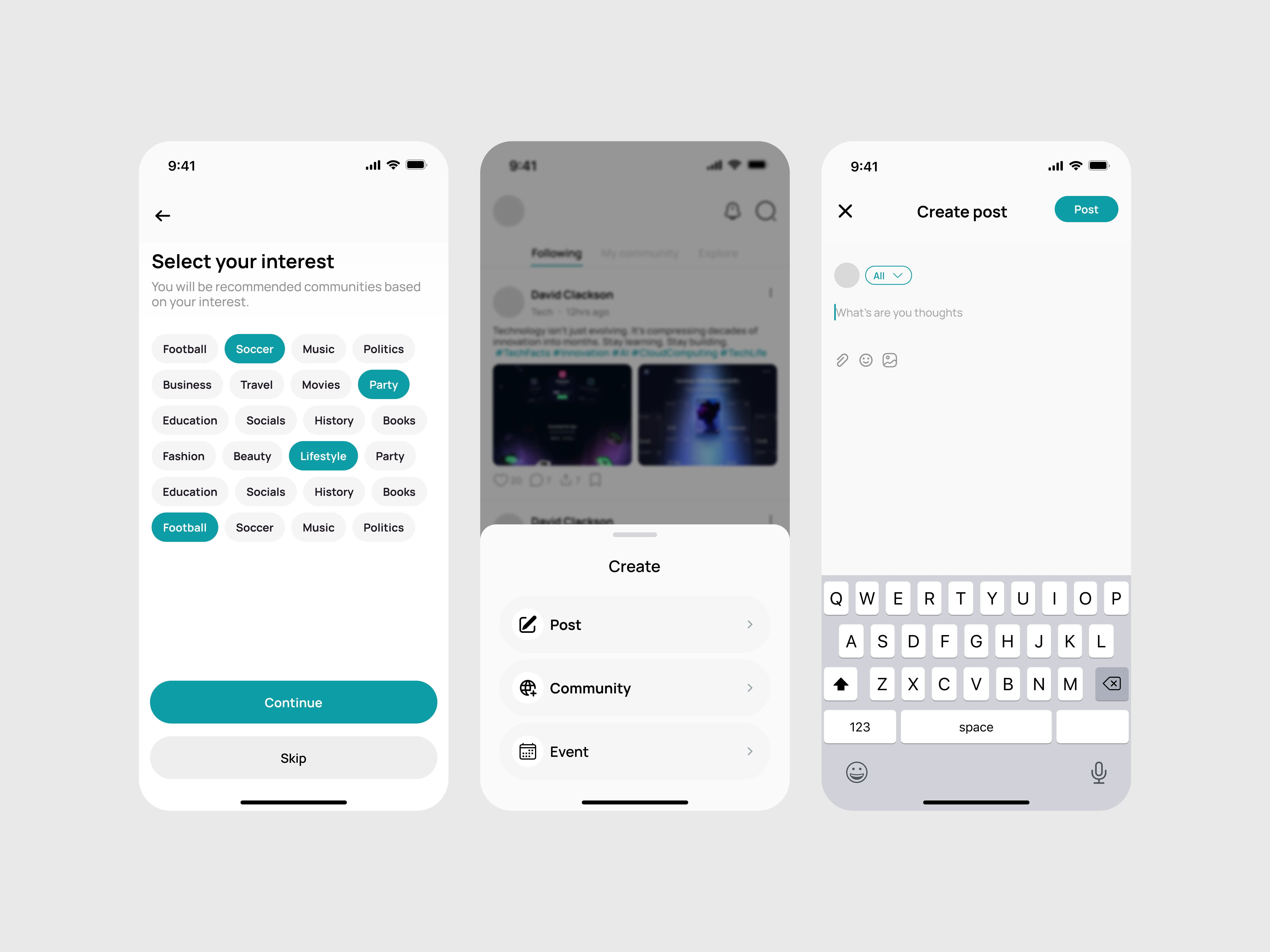 Select interest and create a post screens