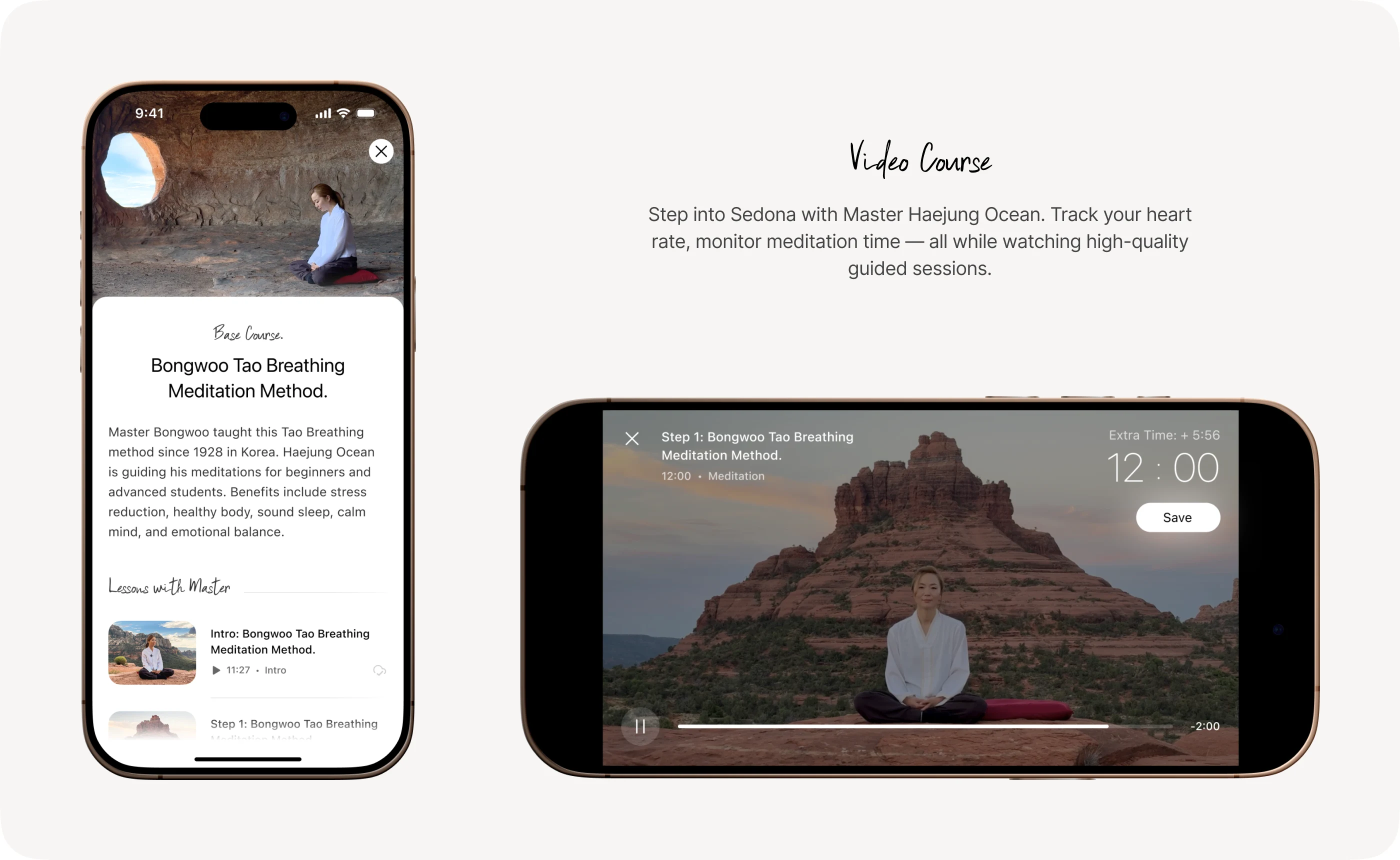 Sedona-filmed video course and session tracking.