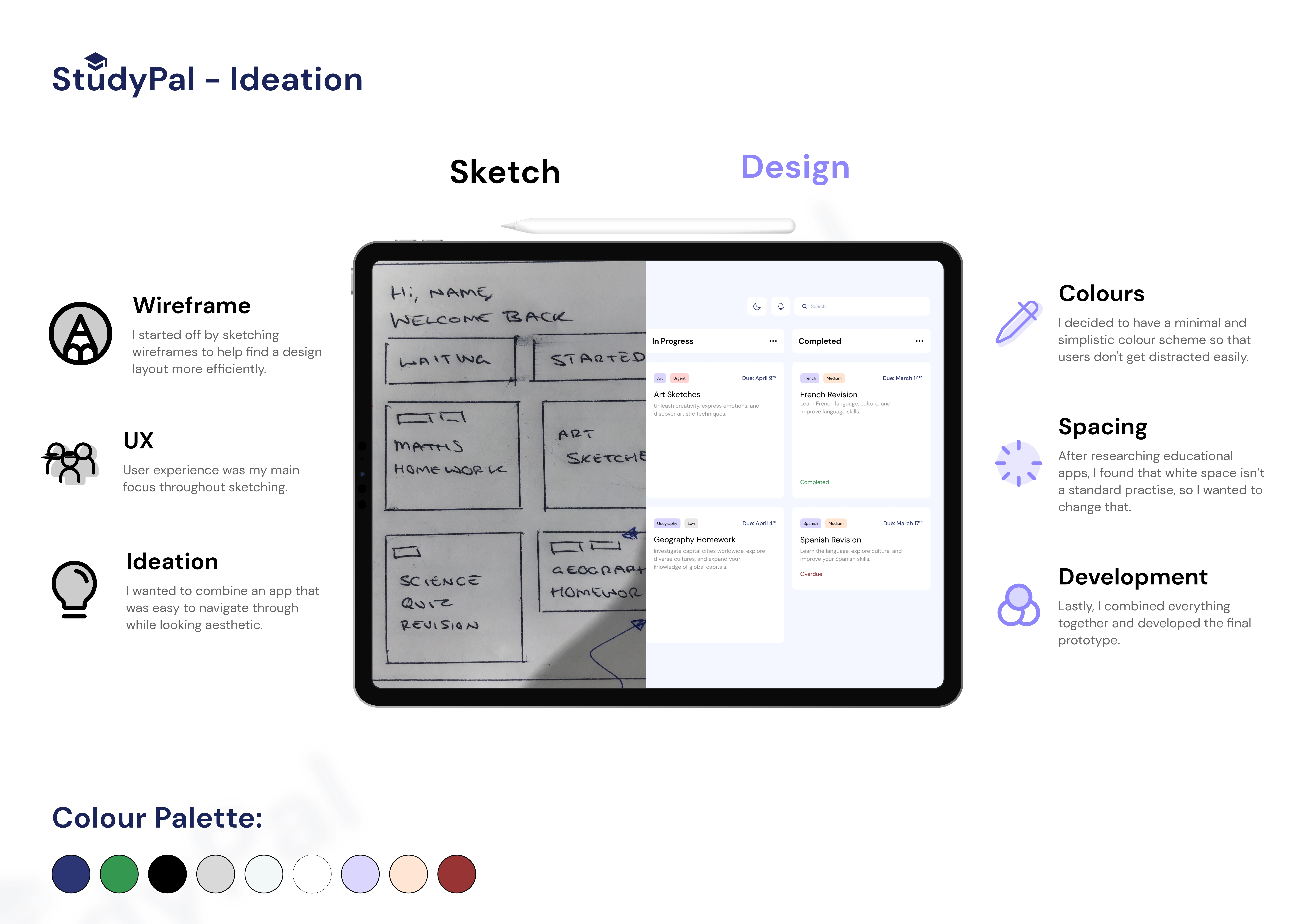 Here, I showcase my design process, starting from an initial sketch and leading to a final design.