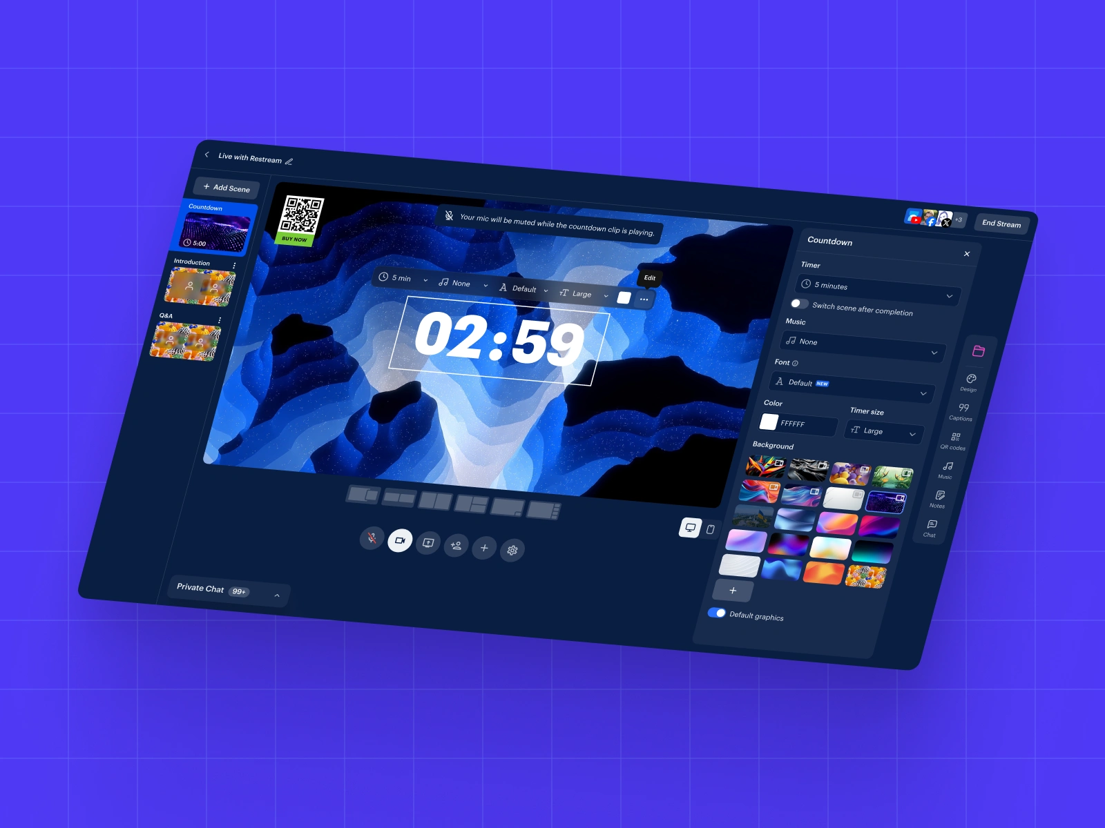 Restream Live Studio — countdown scene with on‑canvas controls and a settings sidebar for duration, fonts, colors, background, and music.