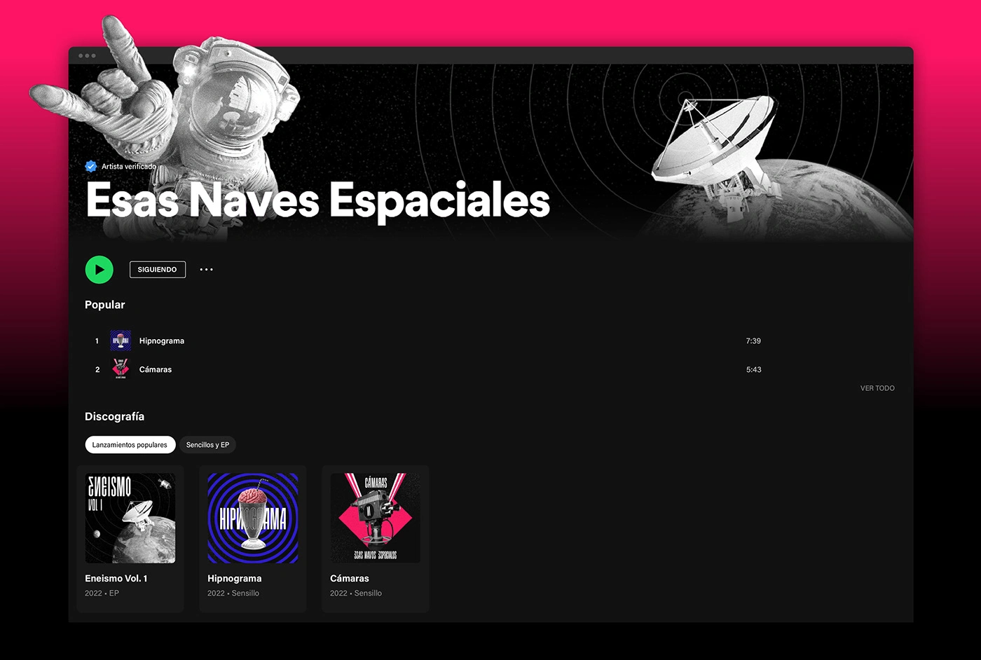 Spotify Look & Feel Prototyping for the "Esas naves espaciales" brand user experience, following the launch of their new album, "Eneismo." Focused on digital immersion and brand fidelity within the streaming platform's constraints.