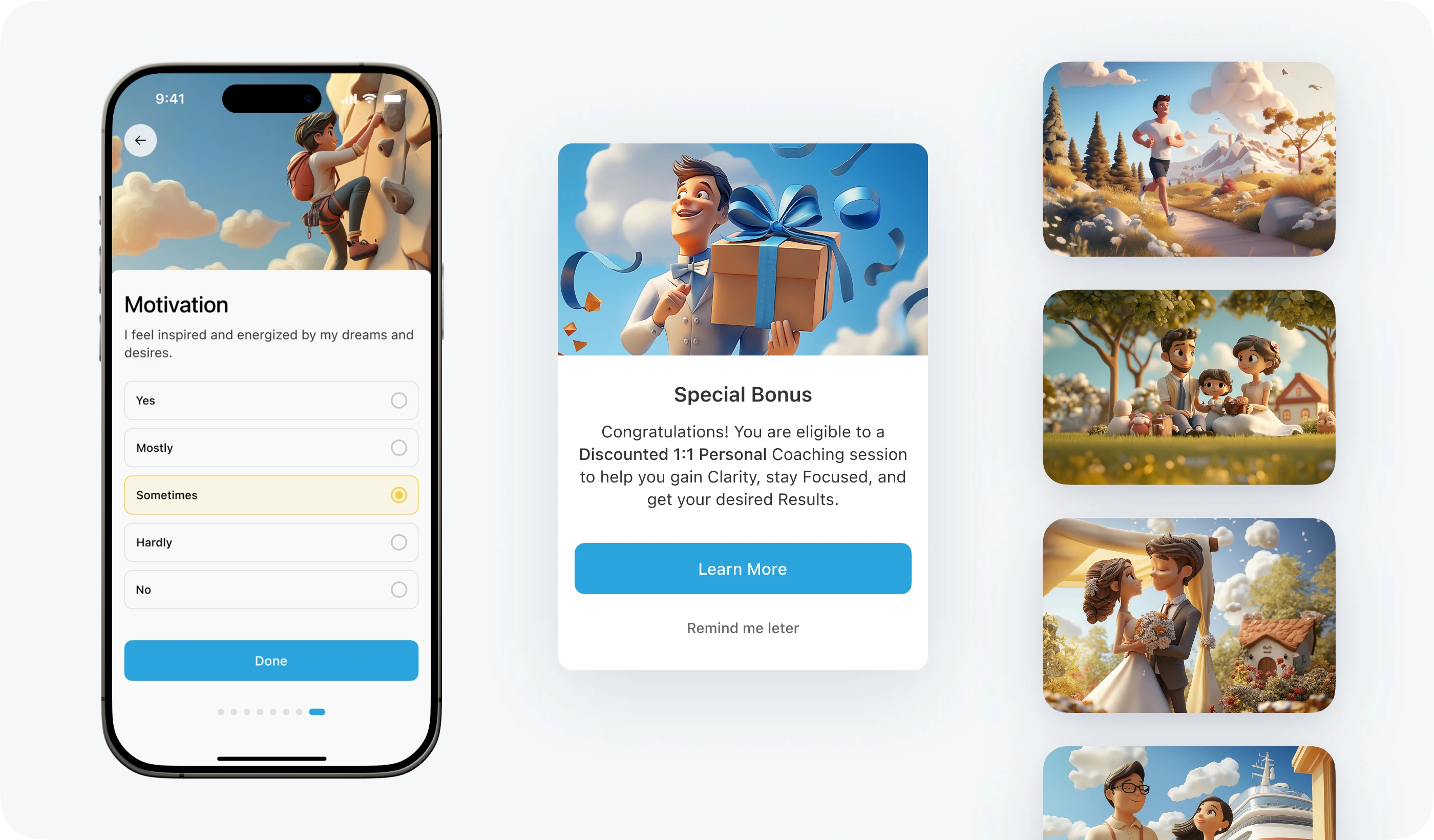 Motivational Screens: Custom 3D illustrations to inspire users.