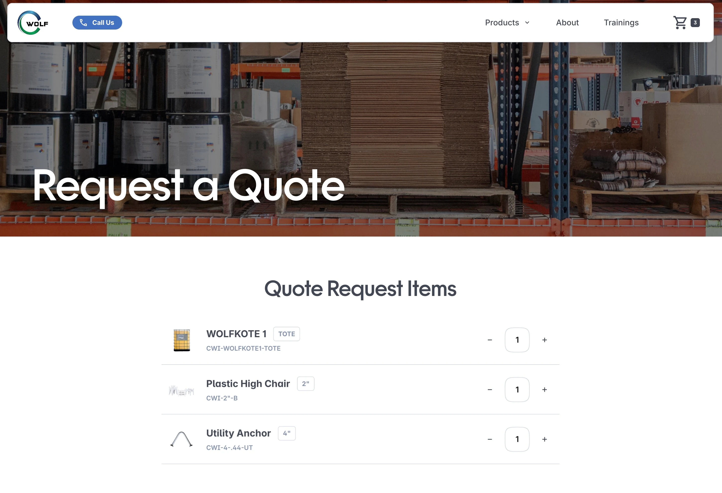 "Checkout" page, leads into the quote request form