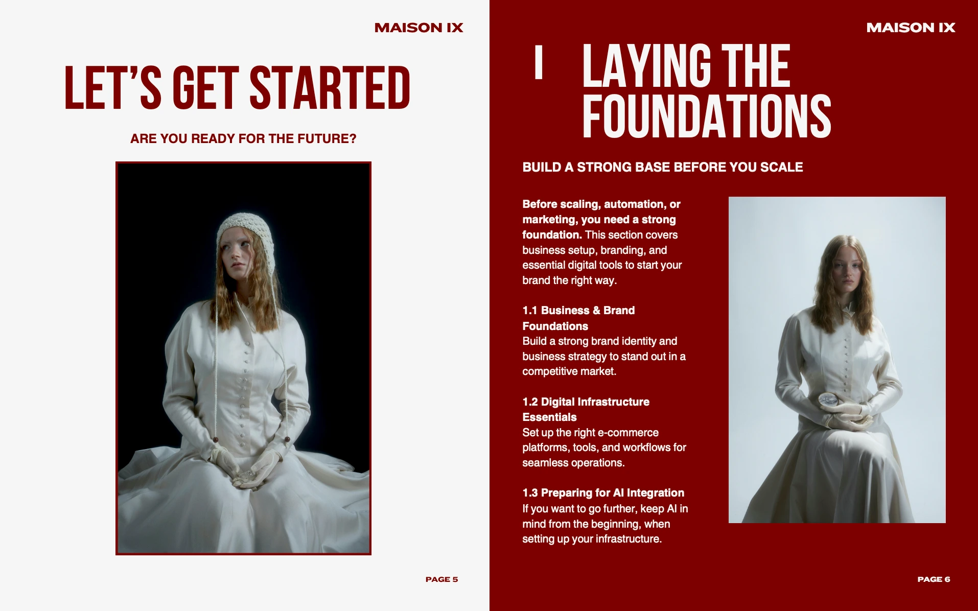 A brand strategy excerpt from the Maison IX playbook, outlining how digital-first founders should structure identity, infrastructure, and AI readiness before scaling. The confident editorial tone and strong visual direction are central to the brand’s strategic clarity.