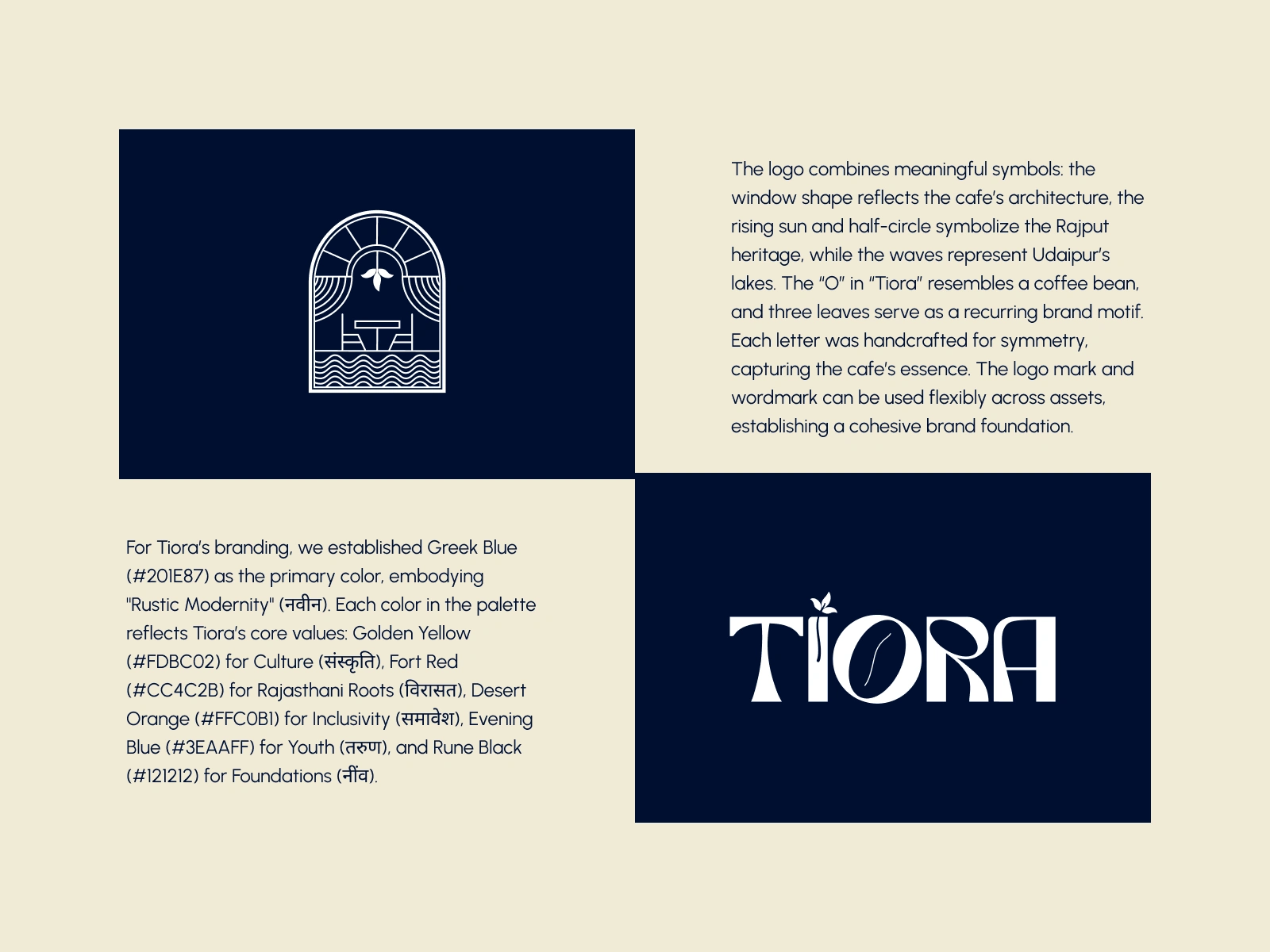The Tiora symbol blends culture with modern minimalism, forming the foundation of the brand’s visual language.