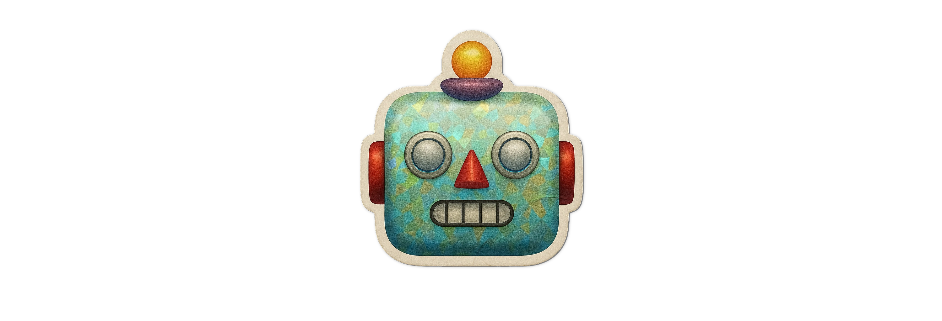 alt text: a holographic sticker showing an emotionless emoji-style robot head 
