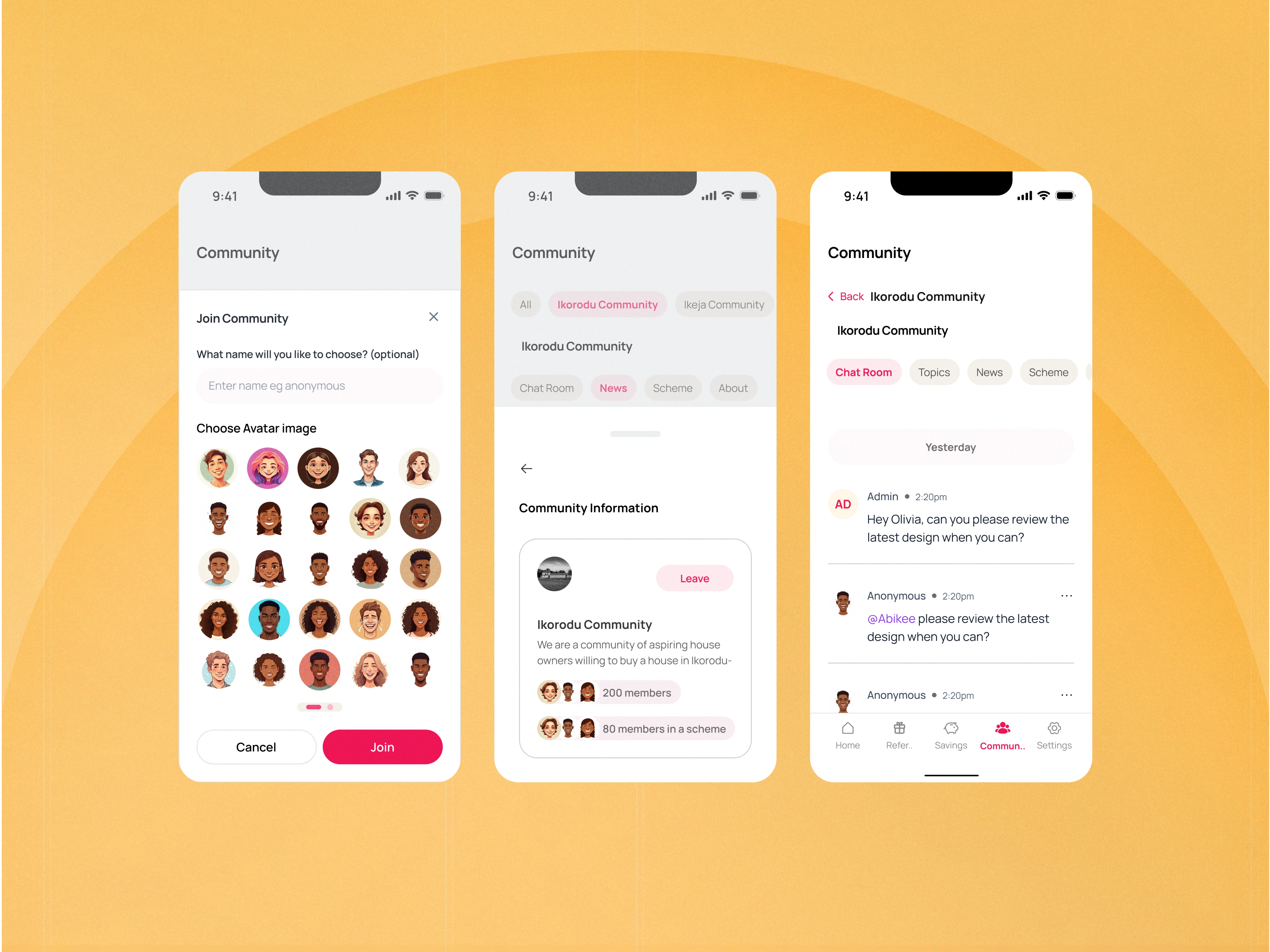Join a community, community info and chatroom screen.