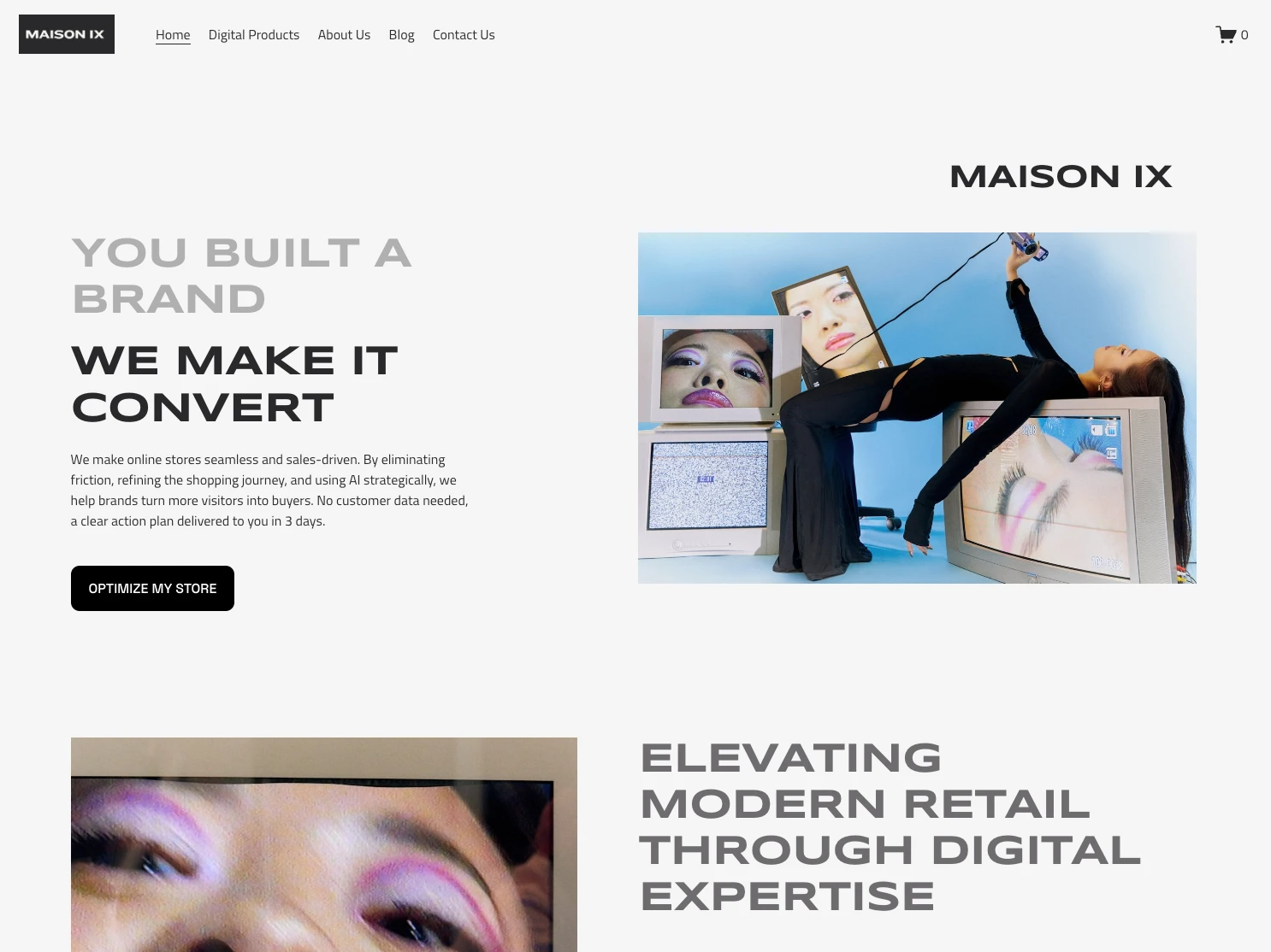 Bold above-the-fold storytelling designed to establish authority fast, pairing sharp copy with editorial art direction to frame Maison IX as high-end and conversion-focused from first glance.