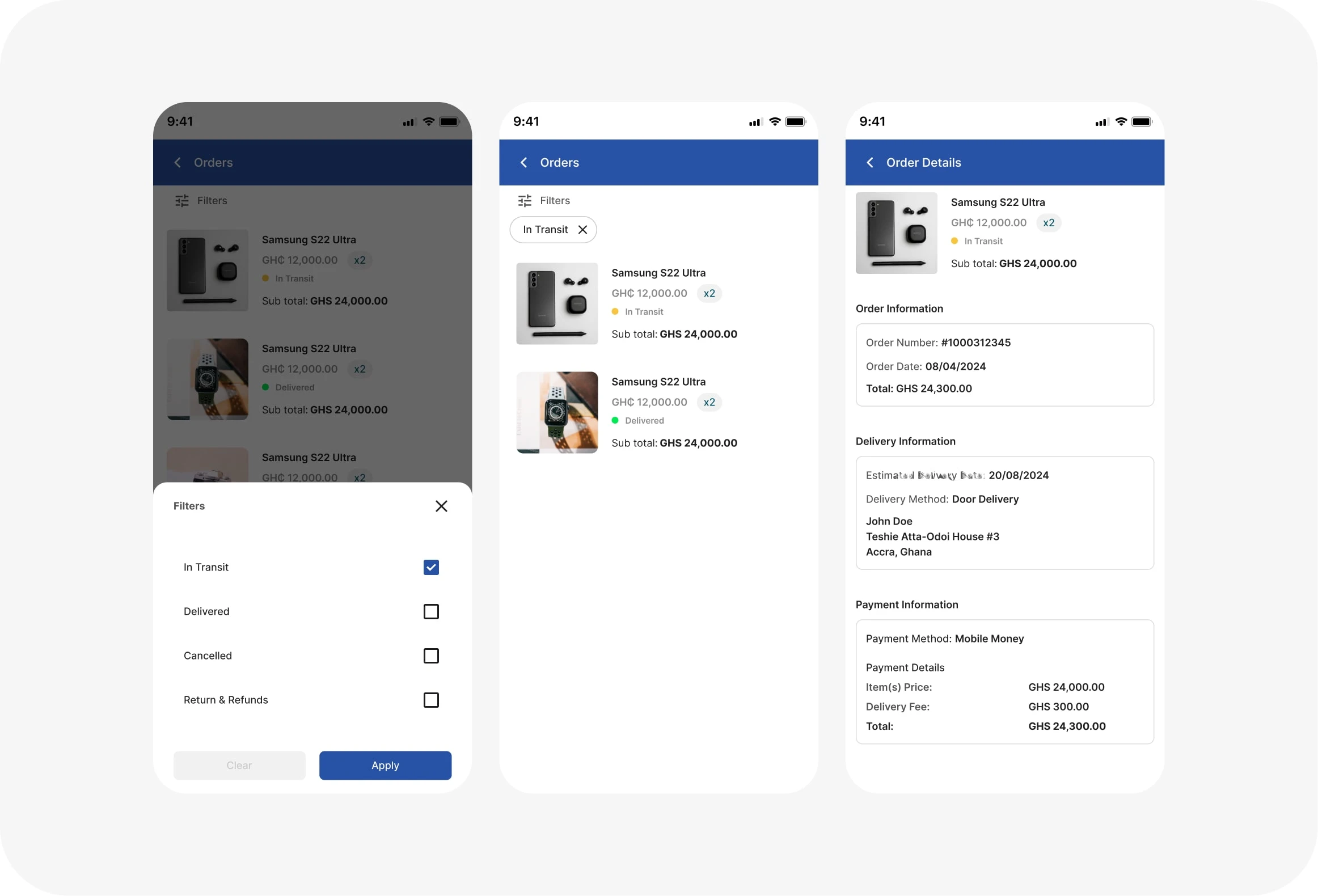 Filtering and tracking of orders