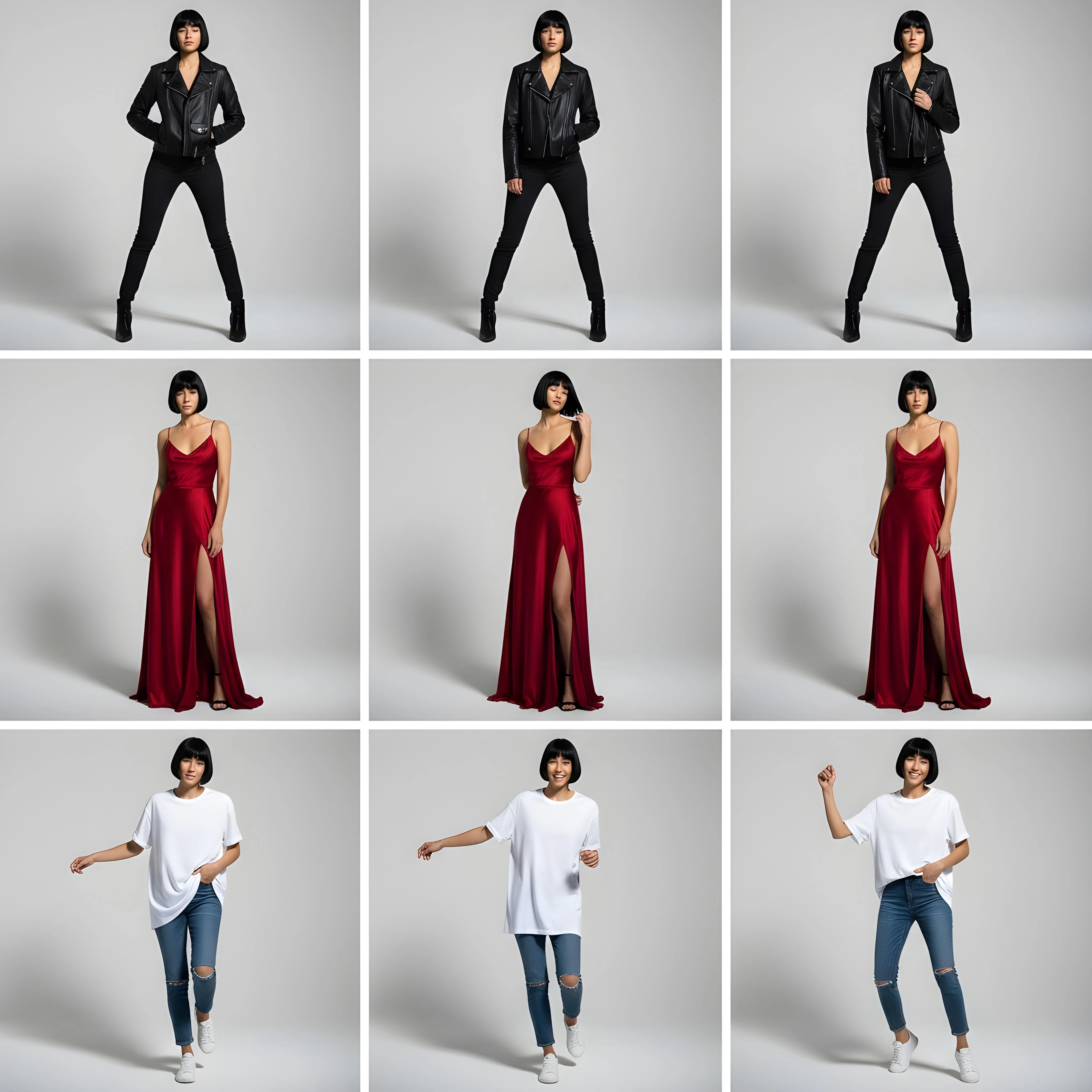 3X3 drid of a white model with different expressions wearing different dresses, having short hair and show the full body