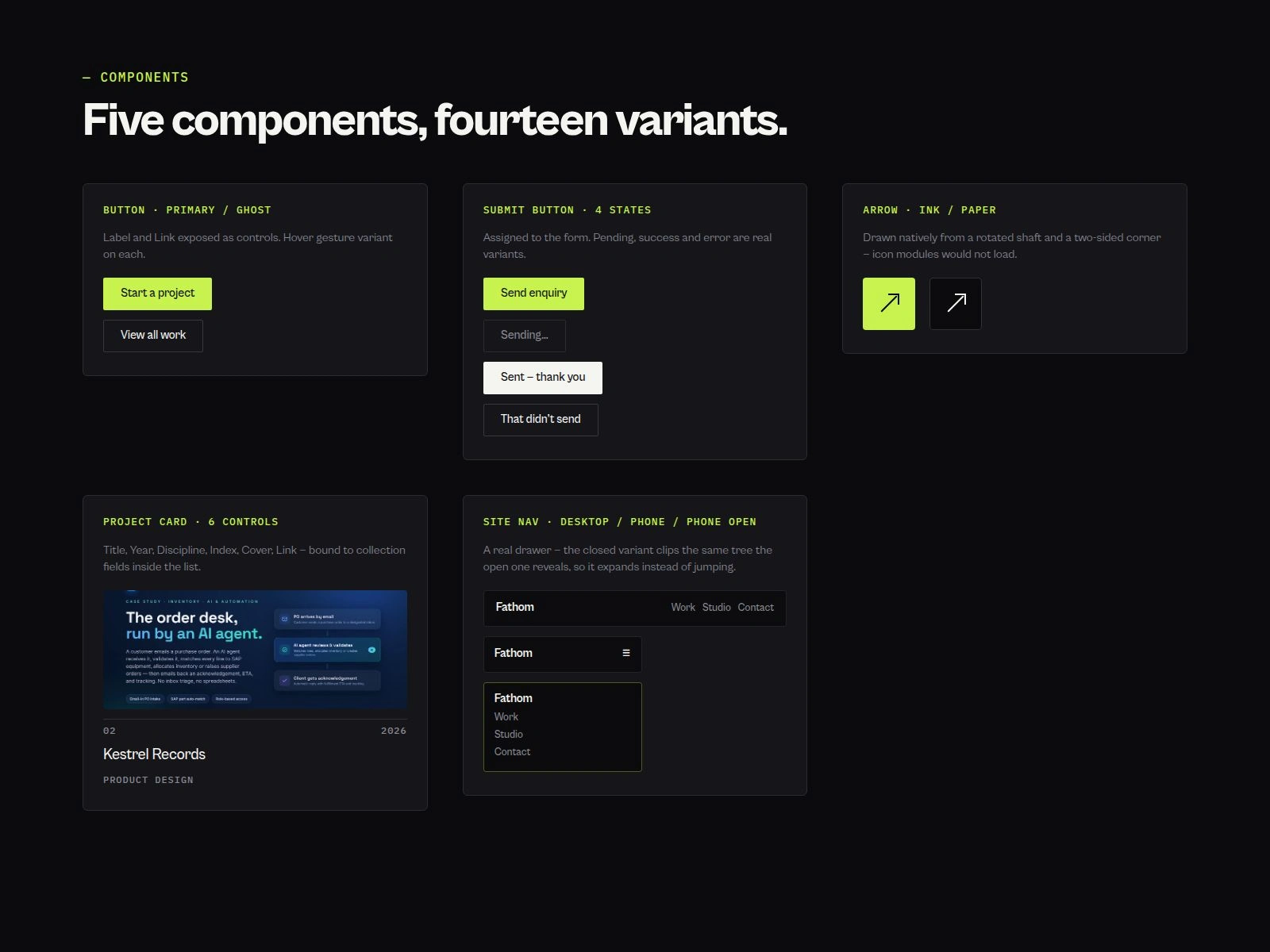 Components — Button, Submit Button, Arrow, Project Card and the Site Nav drawer
