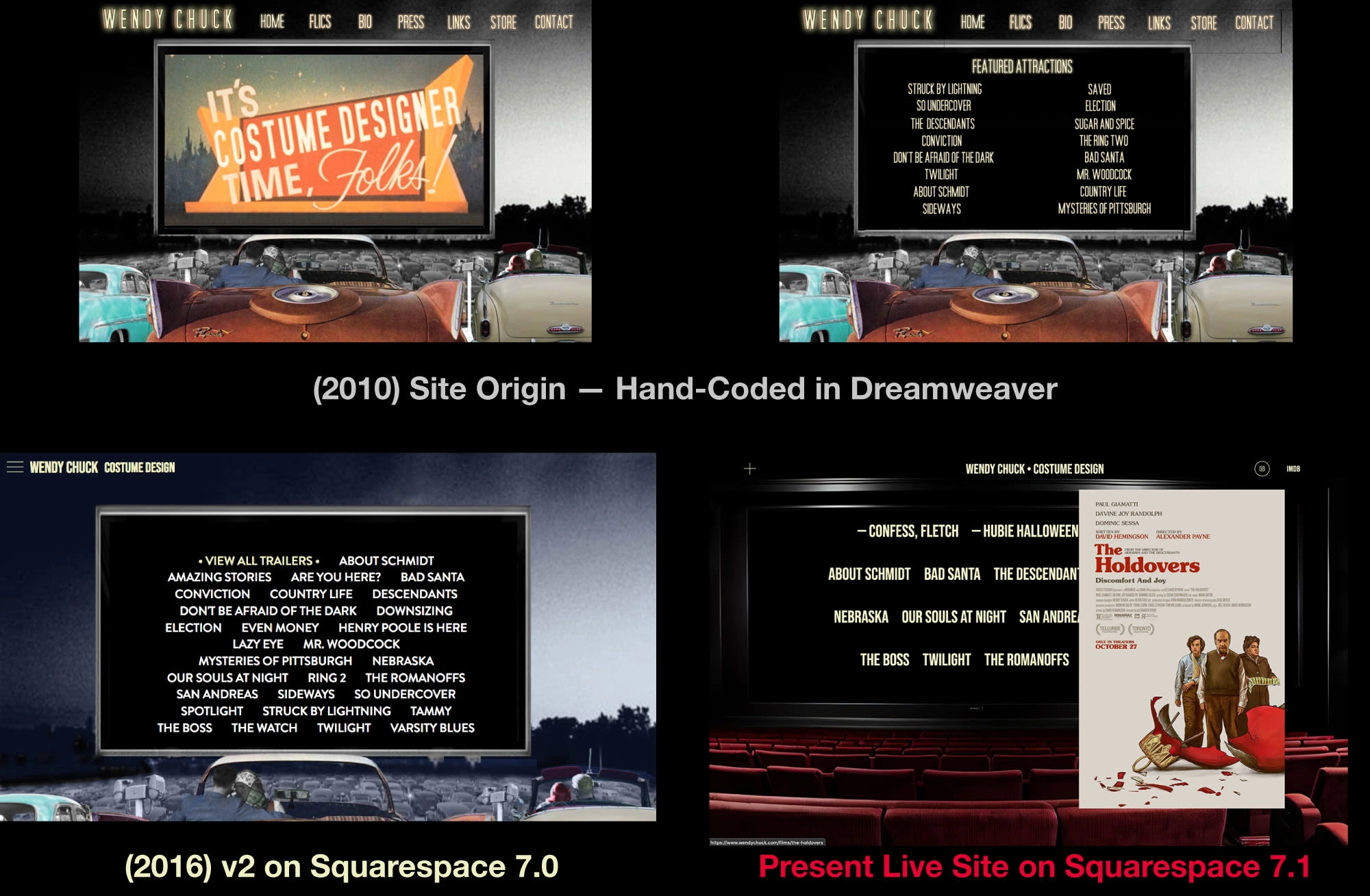 An overview of progression from 2010's handcoded site, to 2017's Squarespace migration, to the current Squarespace 7.1 portfolio Home page.