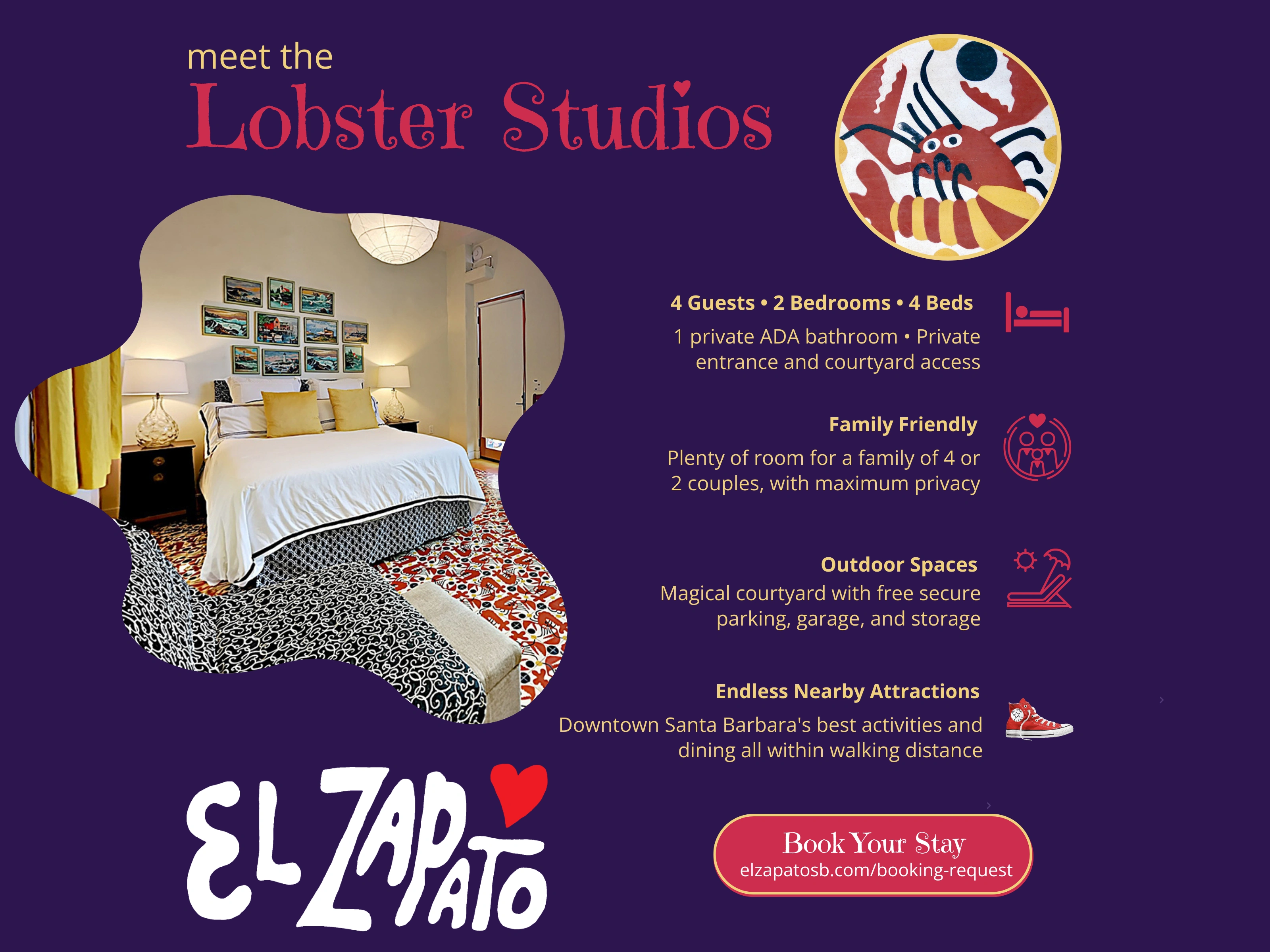 Reimagined branding brings El Zapato’s playful identity to life with whimsical art, bold colors; inviting details showcase the property’s unique personality and guest experience.