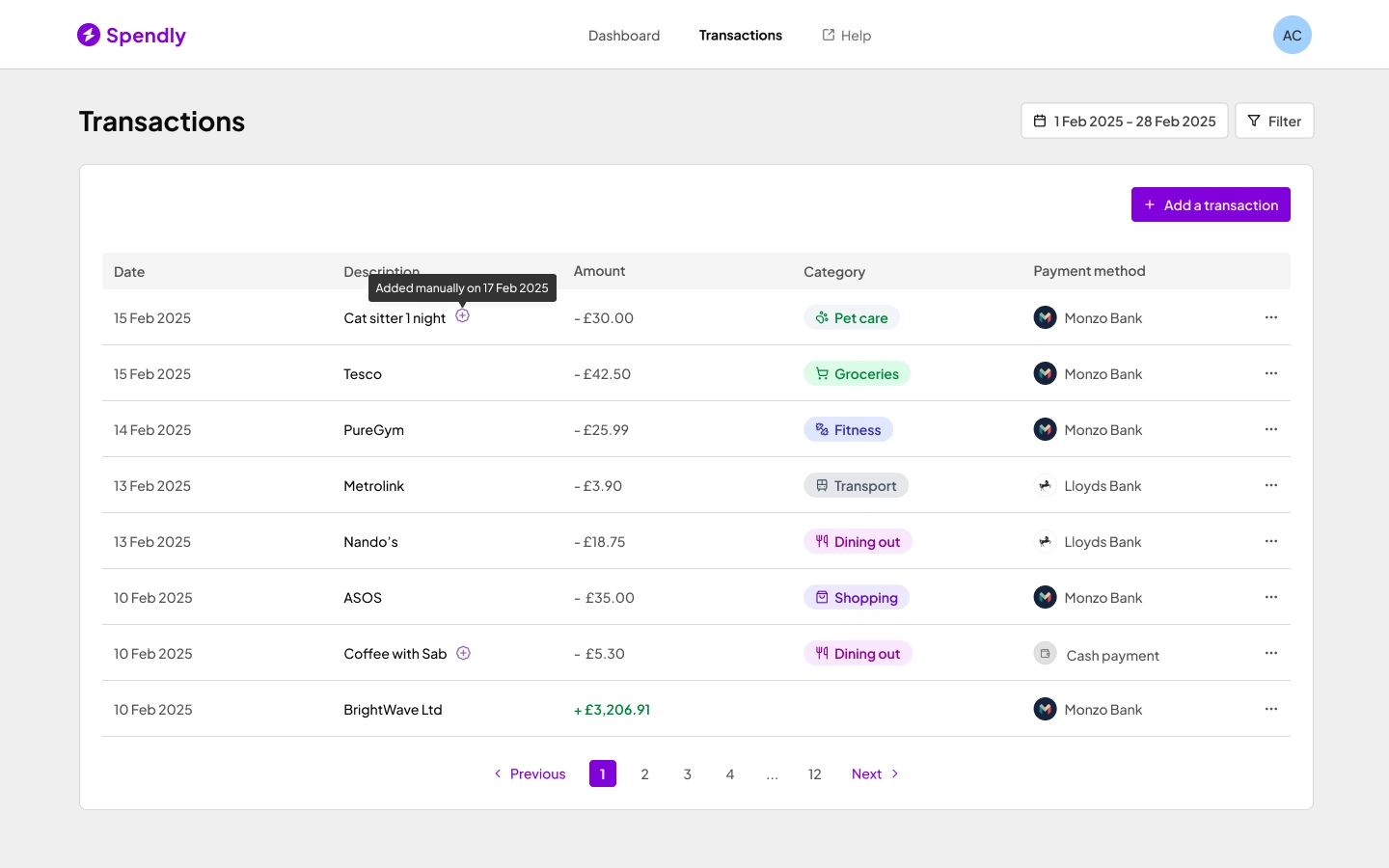 Spendly Transactions page showing transactions imported via linked bank accounts