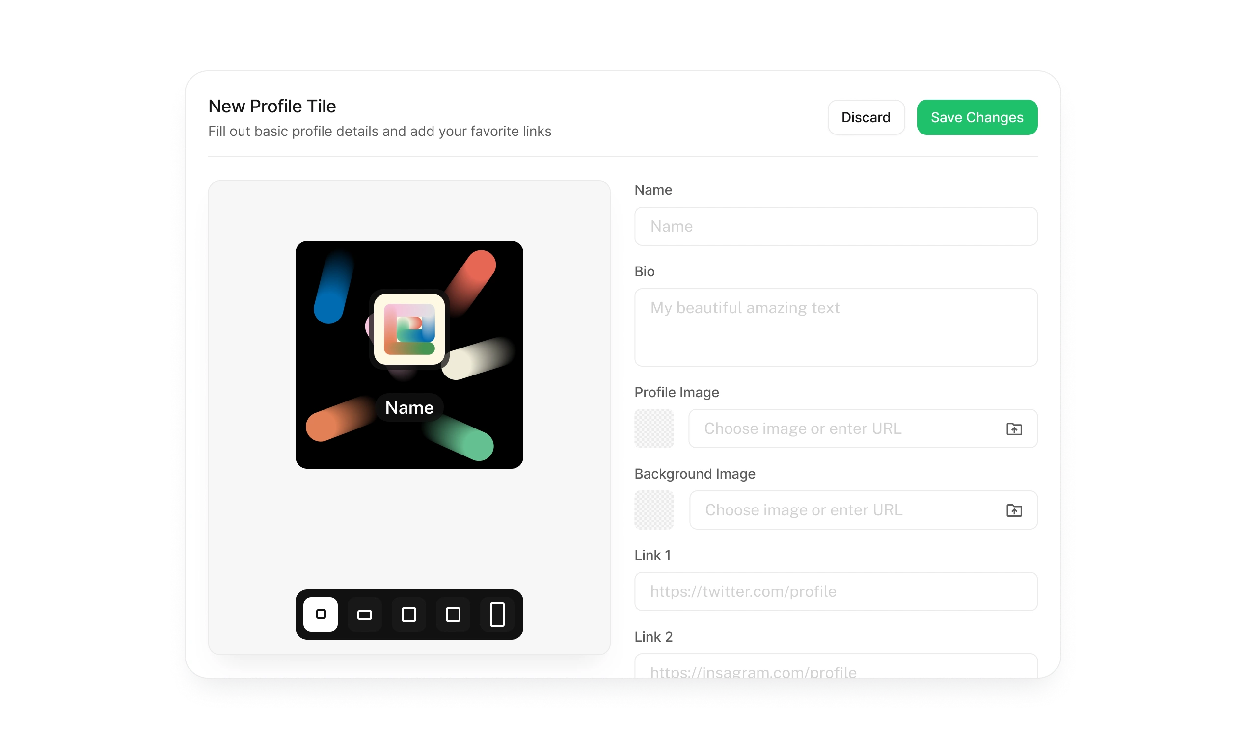 New tile modal + size picker