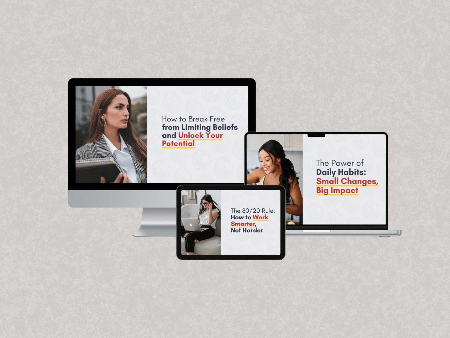 A modern and professional display of three blog banner designs showcased across different devices, including a desktop monitor, a laptop, and a tablet. Each banner features a clean, structured layout with a balance of bold and subtle typography to emphasize key messages. The banners include high-quality images of confident, professional women, reinforcing themes of empowerment, productivity, and personal growth. The color scheme is minimalist, with neutral tones and strategic pops of red and yellow to highlight important text. The background features a subtle pattern, adding depth without distraction. This design demonstrates a cohesive and adaptable visual identity optimized for multiple screen sizes, making it ideal for life coaches and personal development brands looking to enhance their blog presence.