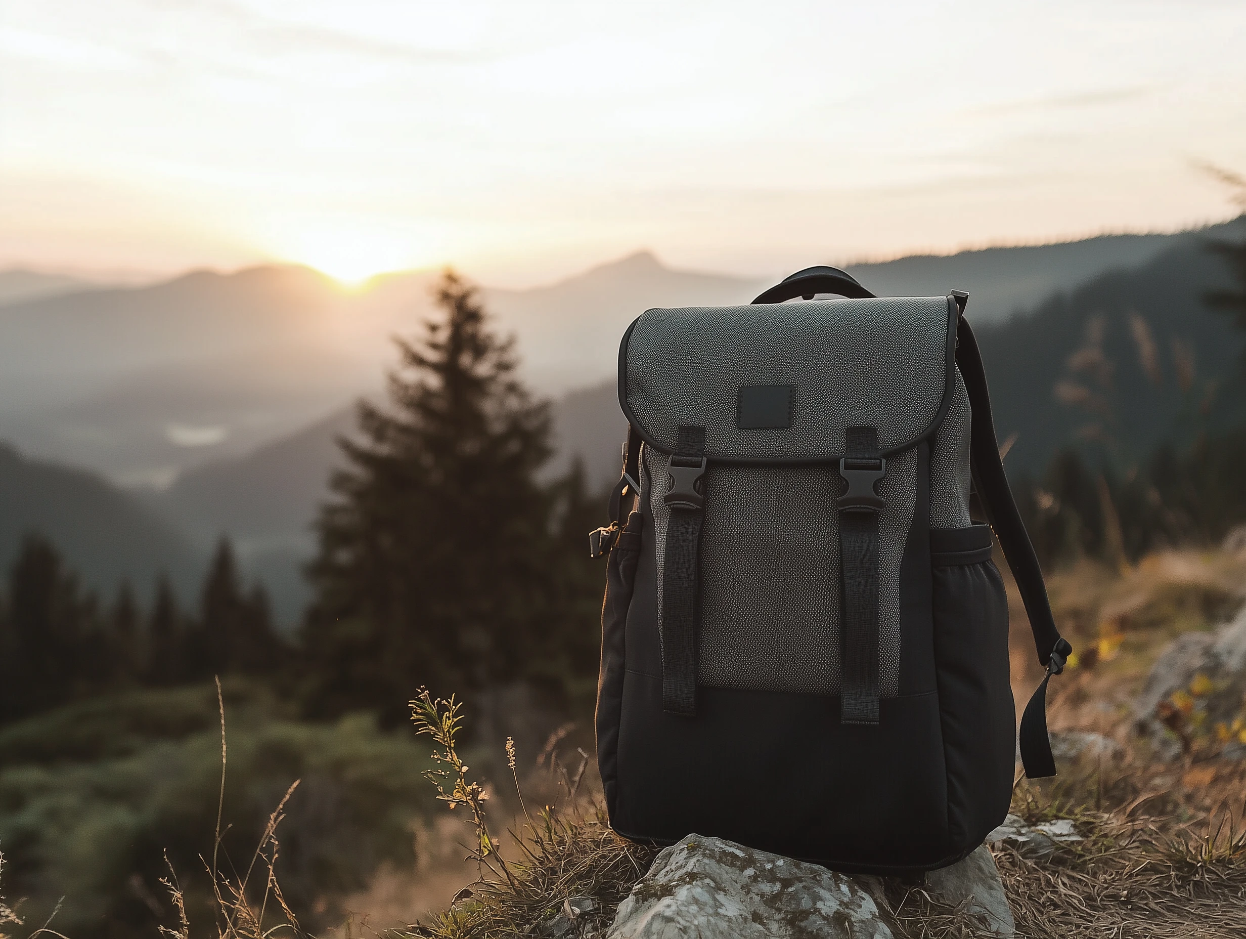 Rugged hiking backpack being used on mountain trail at sunrise. Hiker engaging naturally with product showing durability and comfort. Hidden Forest color palette with deep greens, moss tones, and natural stone accents. Professional adventure photography with environmental storytelling and exploration-focused composition. Negative prompt: urban elements, artificial lighting, staged feeling, unnatural colors, indoor setting, fake plants, studio background, contrived setup