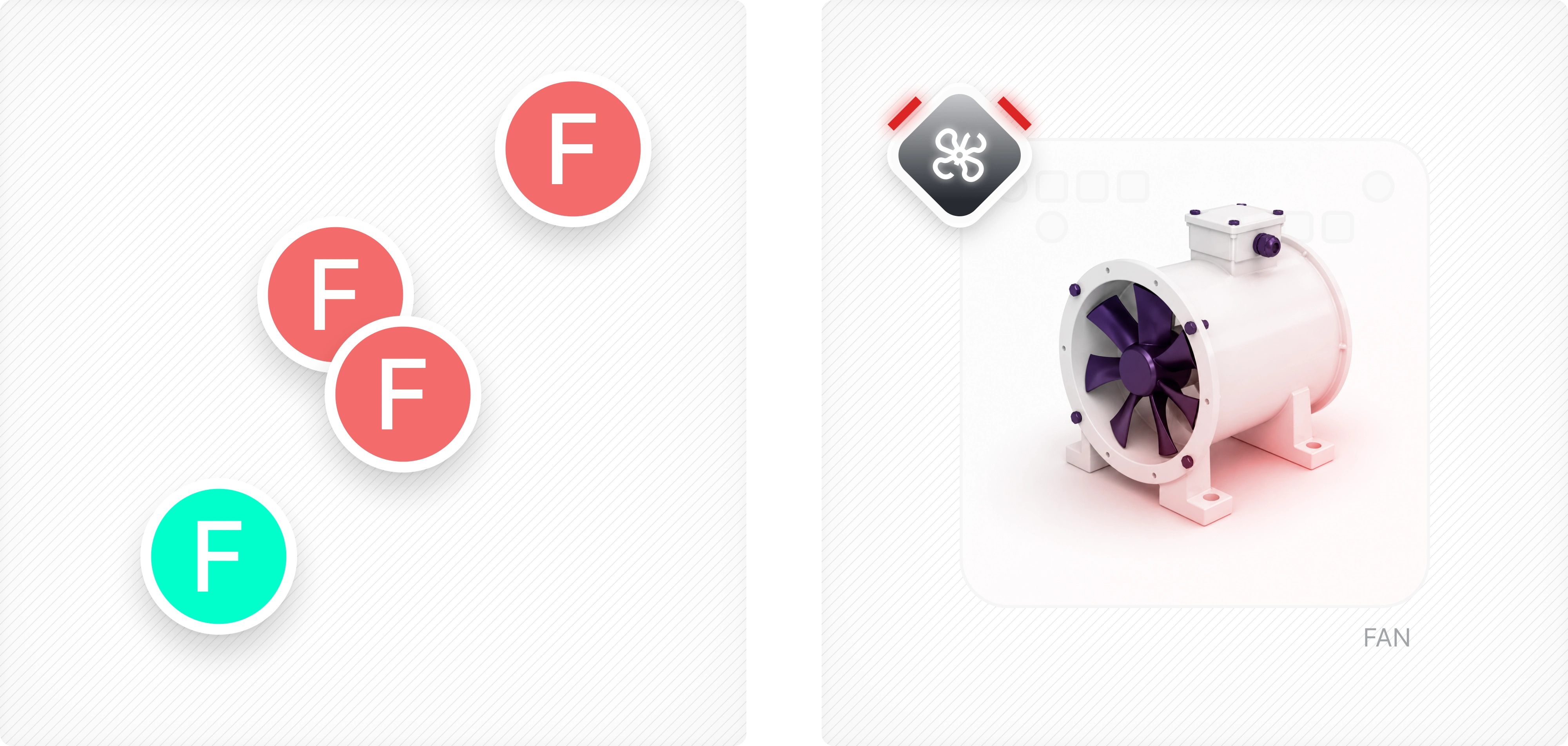 BEFORE — Single letters to represent Assets, e.g. (F) for Fan. But what happens when multiple assets start with (F)?
AFTER — Icons tied to 3D imagery gave each Asset a distinct, learnable identity