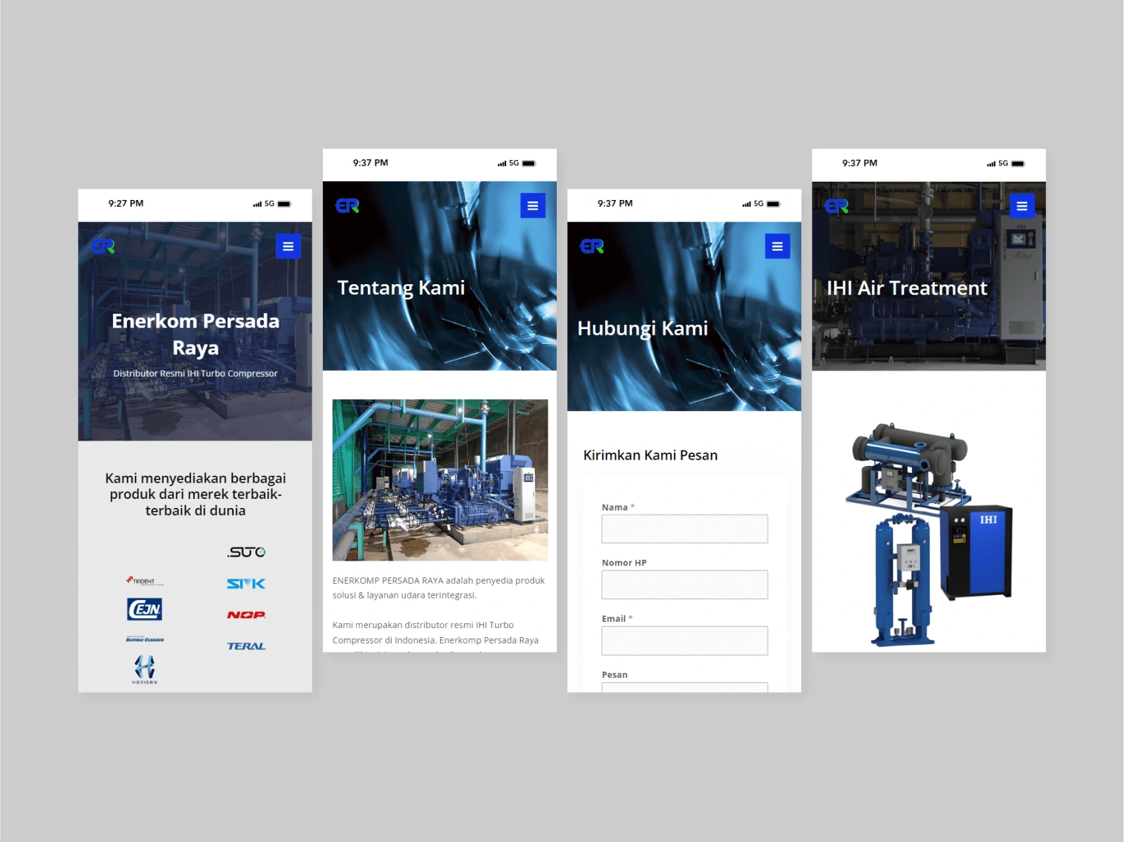 Preview of the mobile version of Home, About Us, Contact Us, and Product page