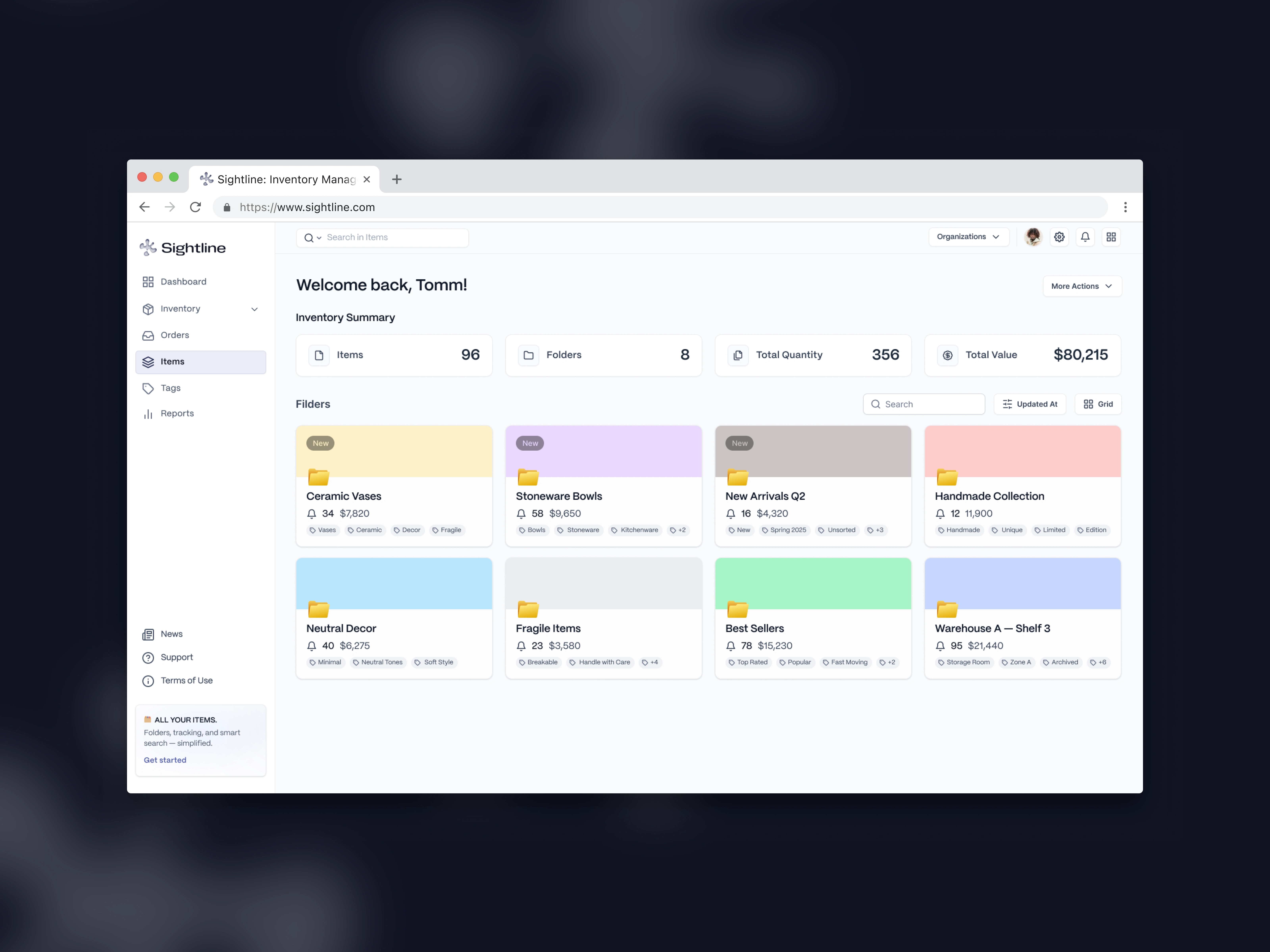 🗂Folders View & 📦 Items View (Product Cards)
Color-coded inventory folders with tags, item count, total value, and storage locations — optimized for quick scanning and management.
Visual cards showcasing key product info like units, price, tags, and storage — with support for image previews and smart categorization.


